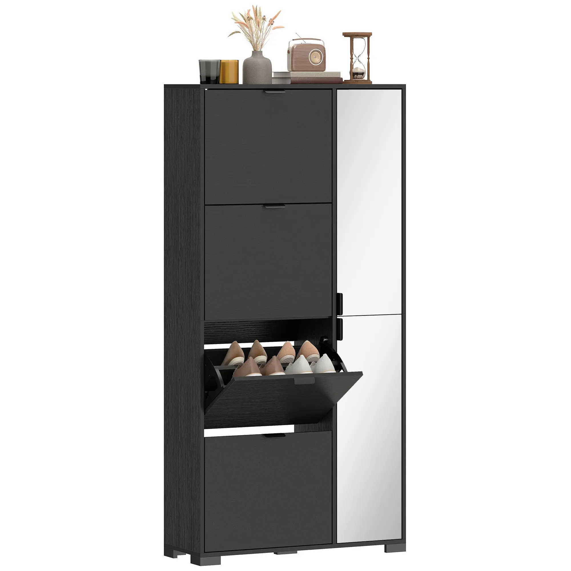 16-Pair Narrow Shoe Cabinet with 2 Mirrored Doors, 4 Flip Drawers & Adjustable Shelves, 32.3 x 11.8 x 66.1 in (82 x 30 x 168 cm), Black