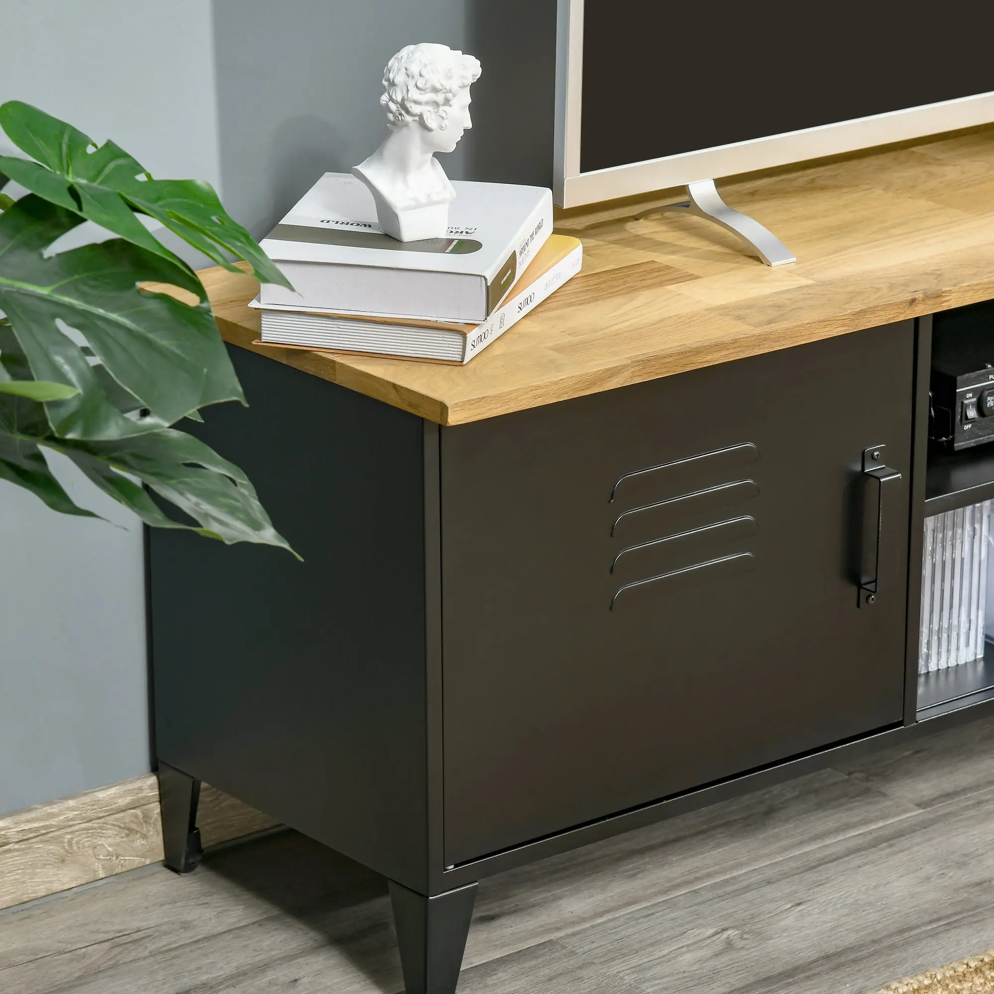 TV Stand TV Bench for 55'' TVs with 2 Cabinets Adjustable Feet Black Metal Frame Natural Wood Top 150 x 40 x 50 cm