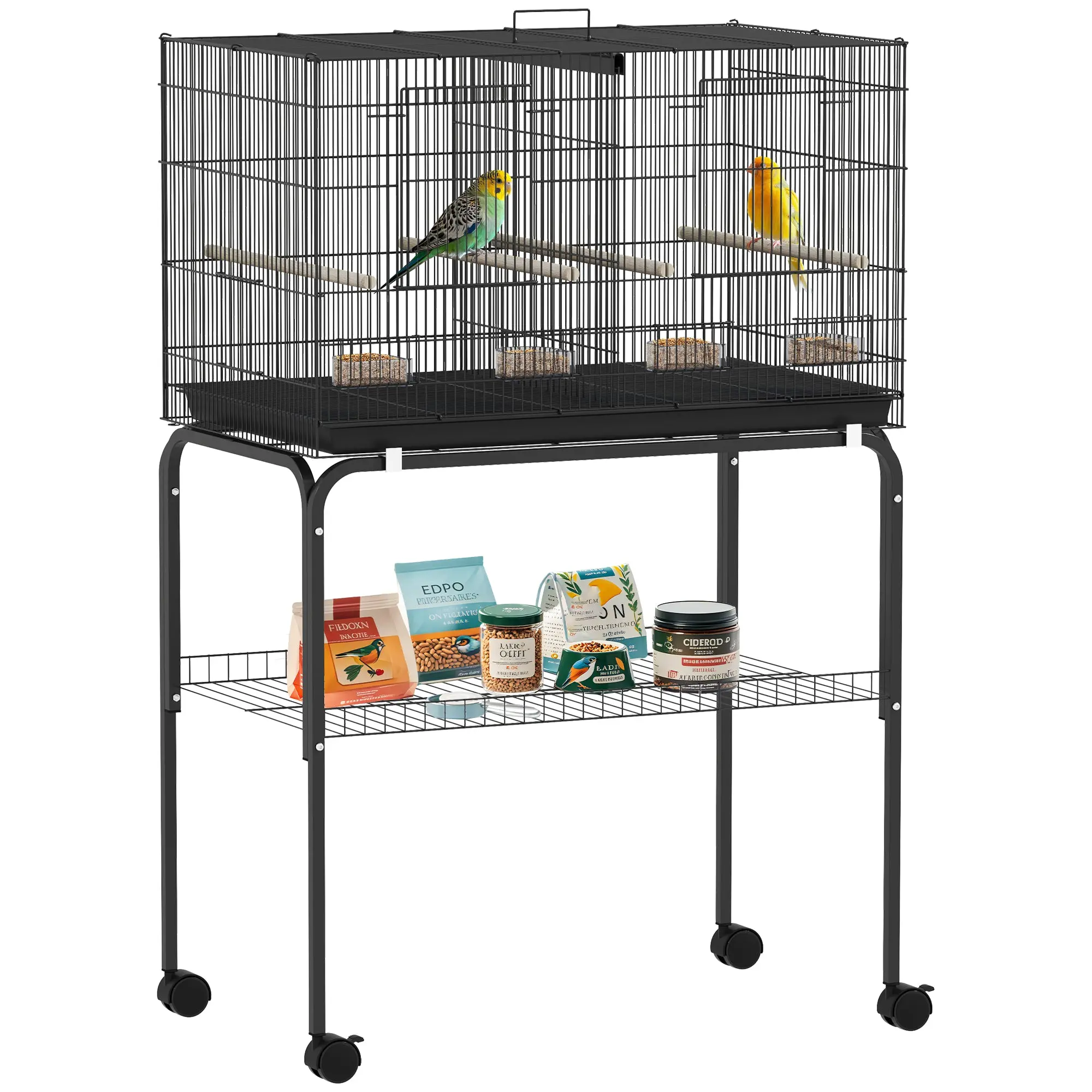 Bird Cage Aviary with Divider, Large Parakeet Cage with Wheels, 4 Feeders, 4 Perches & Removable Tray, Budgie Cage for Canaries Lovebirds Black