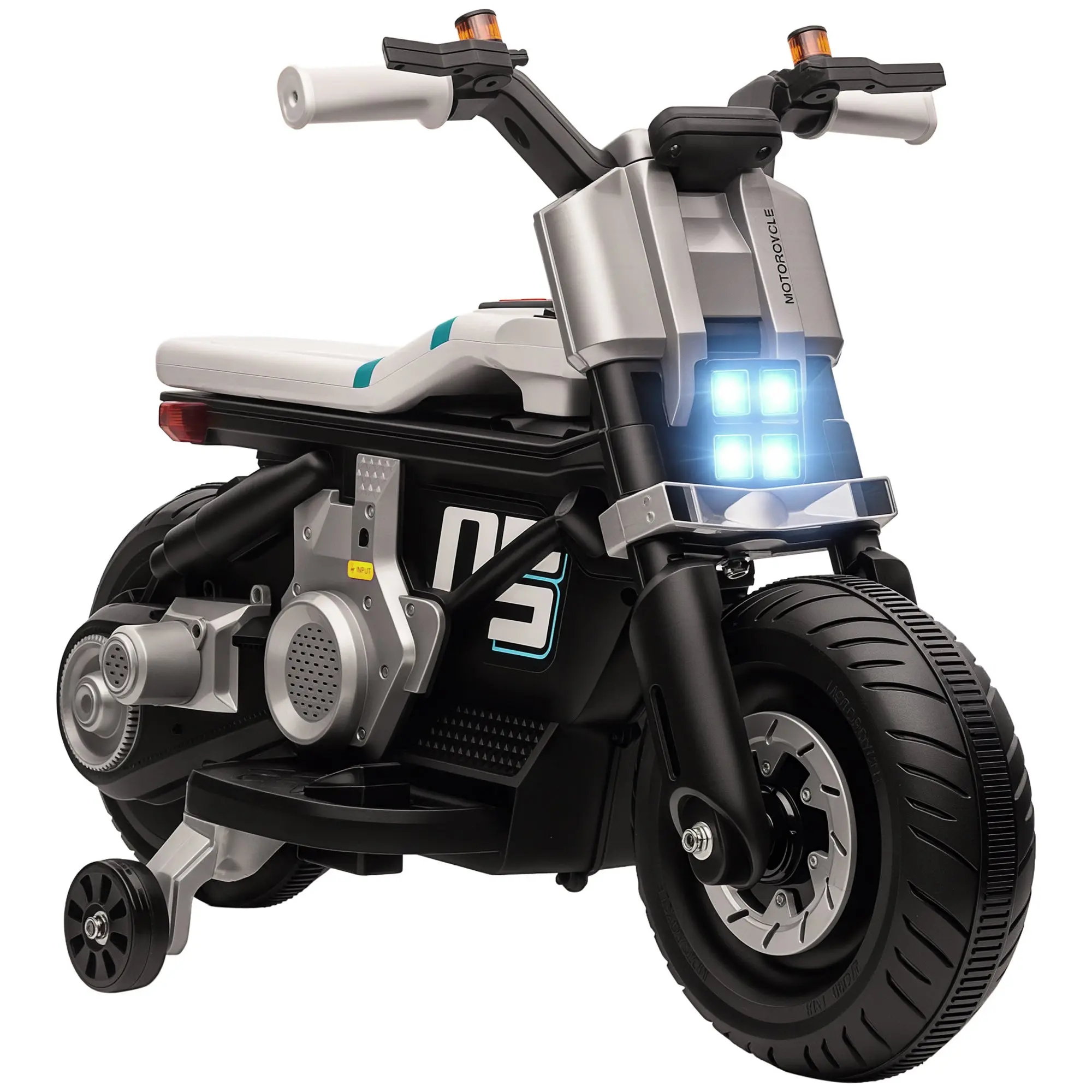 Kids Electric Motorcycle 6V Battery-Powered Motorcycle with Headlights Music Horn 3 km/h Speed Forward Reverse and Training Wheels for Kids 3-5 Years Old Load 25 kg 86x44x58 cm Black and White
