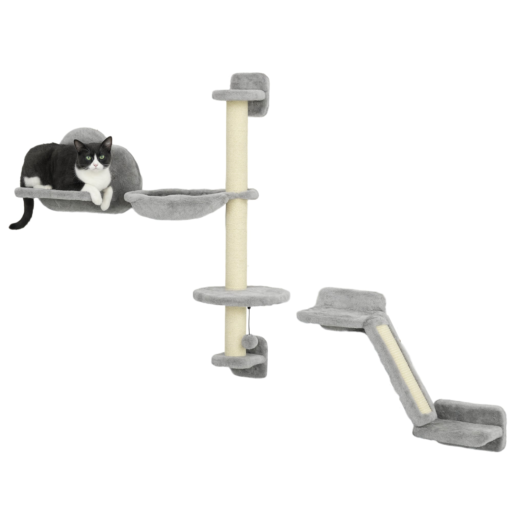 PawHut 3‑teiliges wandmontiertes Katzen-Kletterset mit Hängematte, Sisal‑Kratzrampe und Sprungplattform, Grau