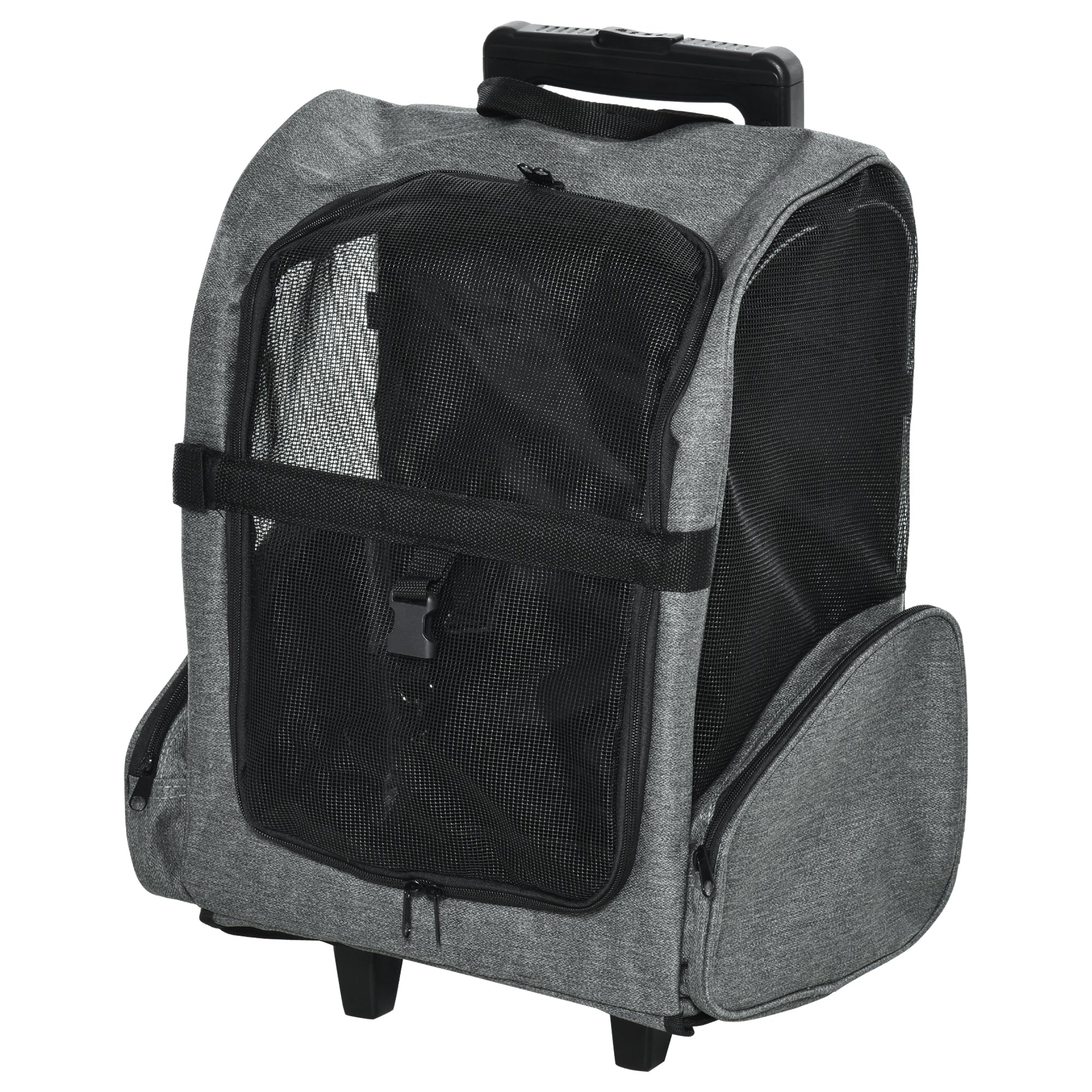 2-in-1 Pet Carrier Cart Backpack with 2 Wheels for Dogs Cats with Retractable Aluminum Handle and Storage Pockets 16.5x9.8x21.7 inches Gray