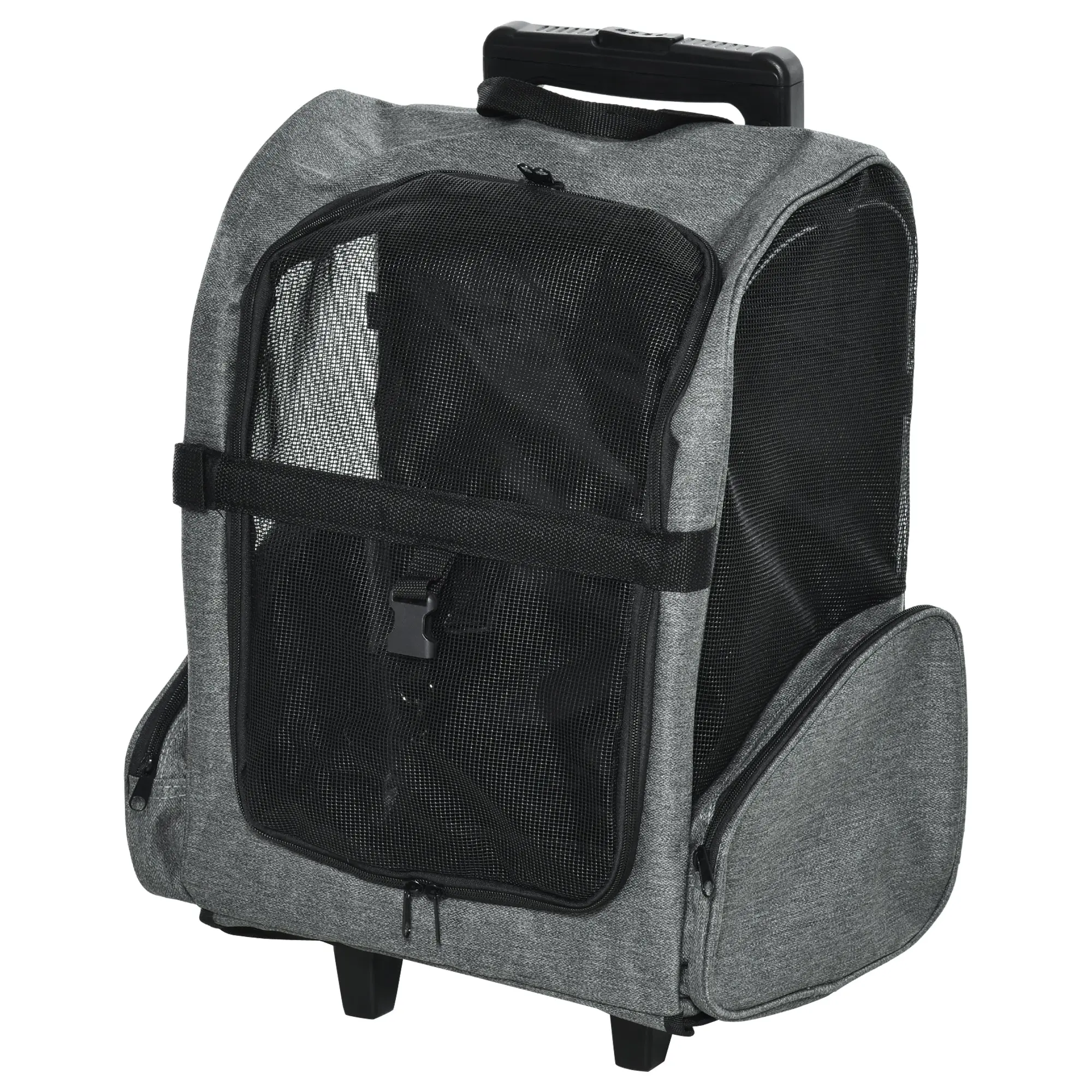 2-in-1 Pet Carrier Cart Backpack with 2 Wheels for Dogs Cats with Retractable Aluminum Handle and Storage Pockets 16.5x9.8x21.7 inches Gray