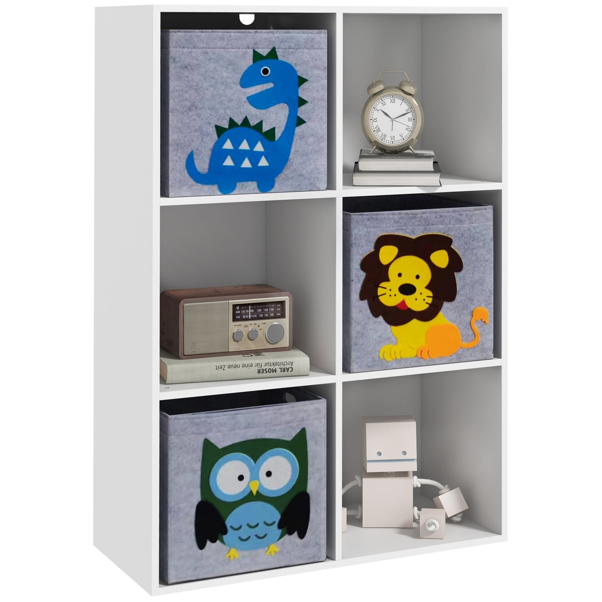ZONEKIZ Children's Shelf Bookshelf with 3 Storage Boxes Kids Room Shelf Toy Shelf for Children's Room White+Grey 61.8 x 29.9 x 91.5 cm