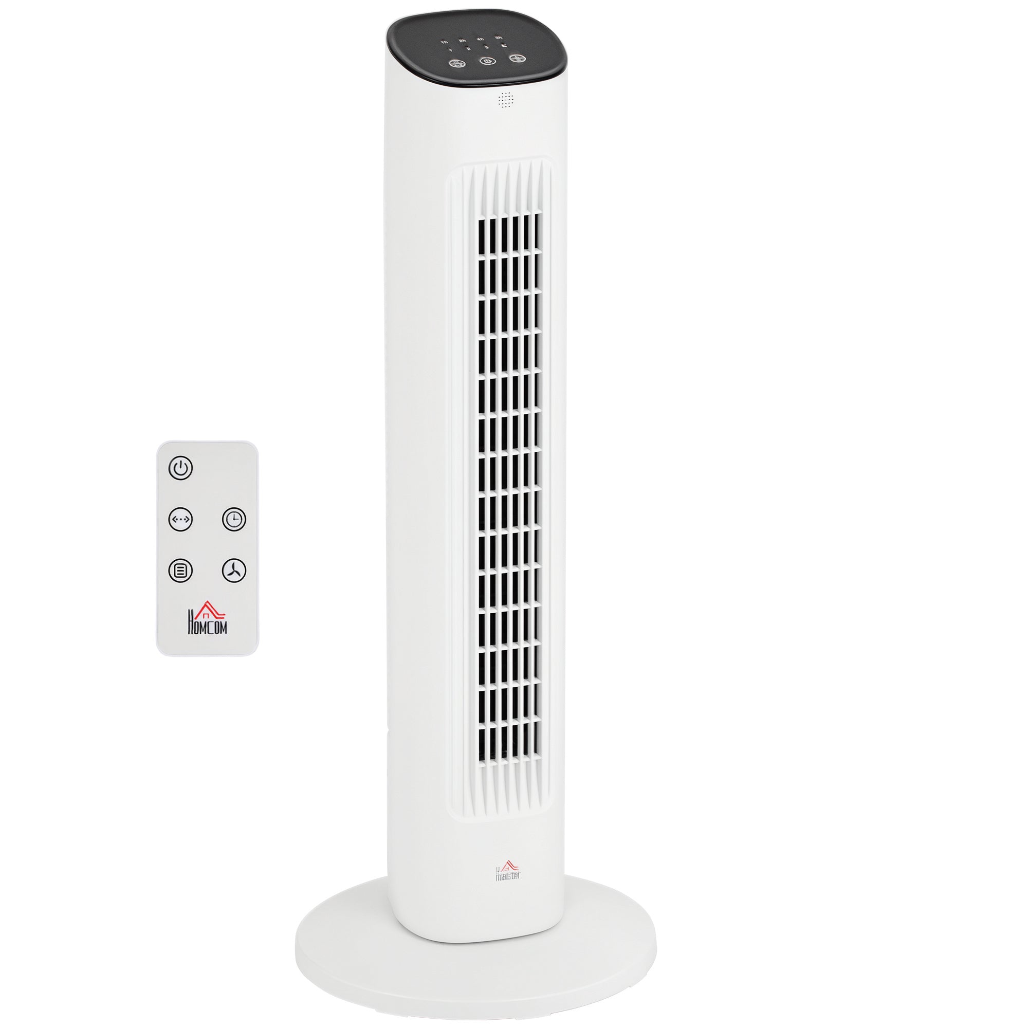 HOMCOM 50W věžový ventilátor s dálkovým ovládáním, tichý ventilátor s 3 rychlostmi, 15h časovačem, 85° oscillací, LED displejem, 30x30x78 cm, Bílá