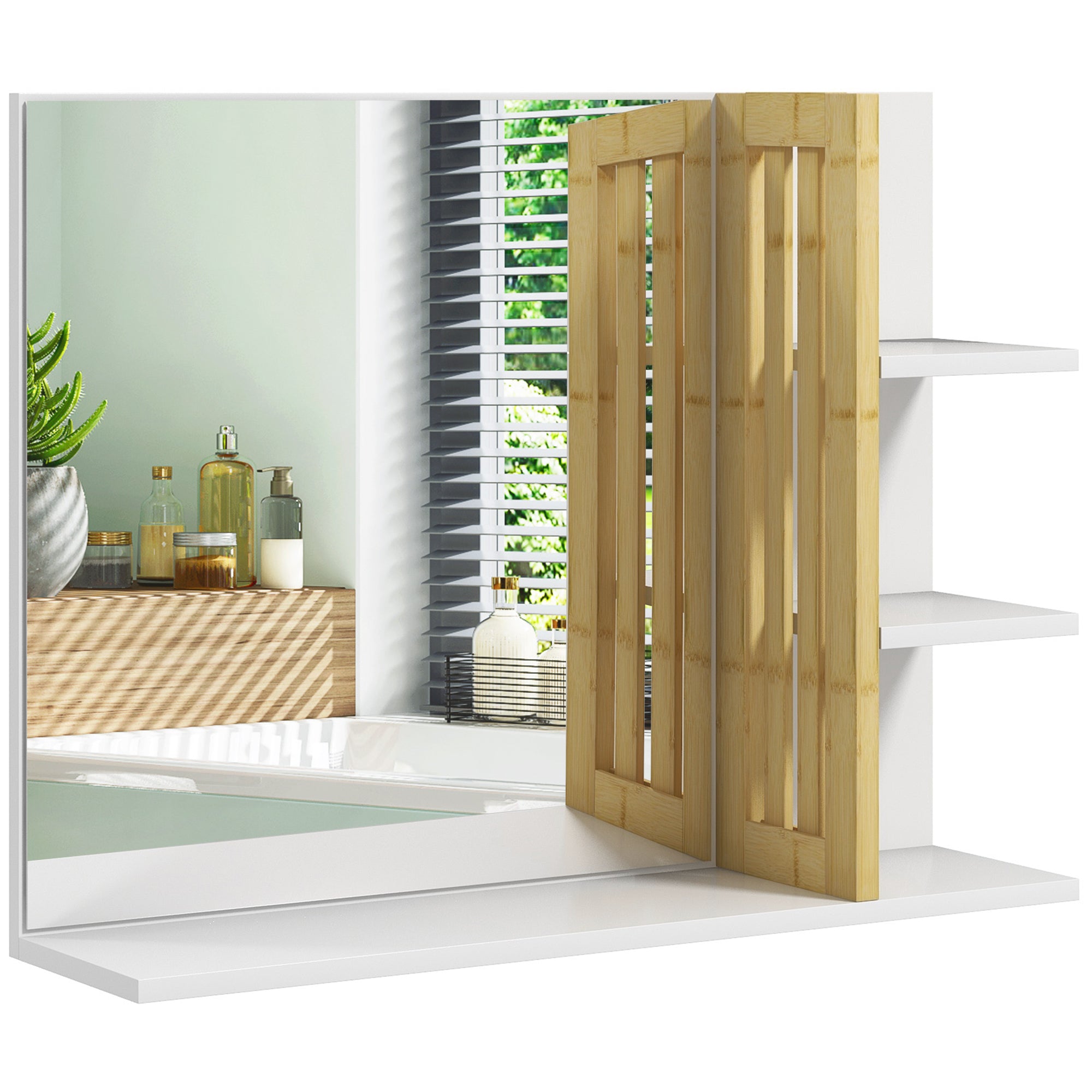 HOMCOM Modern Fürdőszobai Tükör Négy Polccal 45x15x58.5 cm Fehér