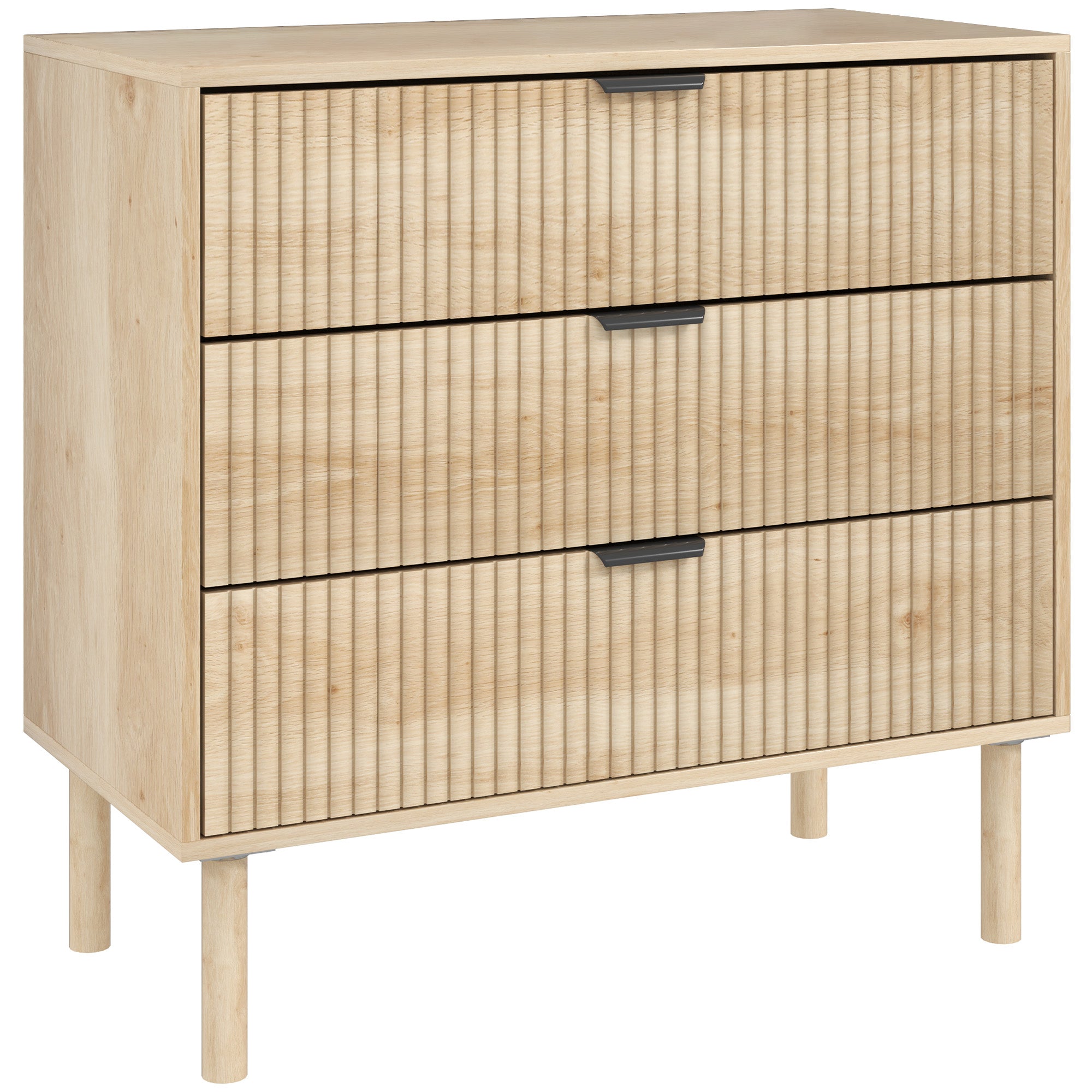 Commode 3 Tiroirs HOMCOM Style Nordique pour Chambre avec Système Antinclinaison et Façades à Panneaux Rainurés, Poignées en Métal, Meuble de Rangement pour Salle à Manger et Couloir 80x40x77,5 cm Chê