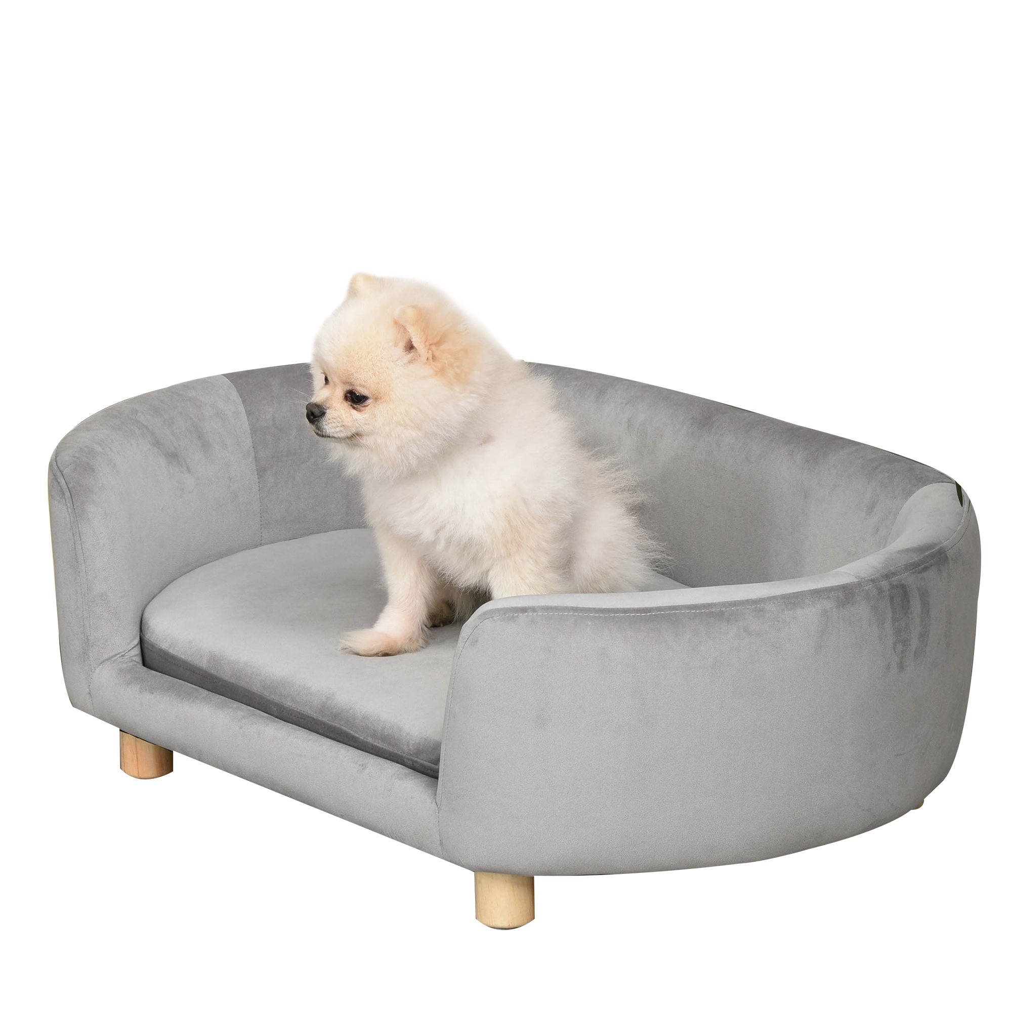 PawHut Pet Sofa Hundsoffa Hundbädd med Holländsk Sammet, Skum och Björkben för Katter och Hundar 86 x 55 x 33 cm Ljusgrå