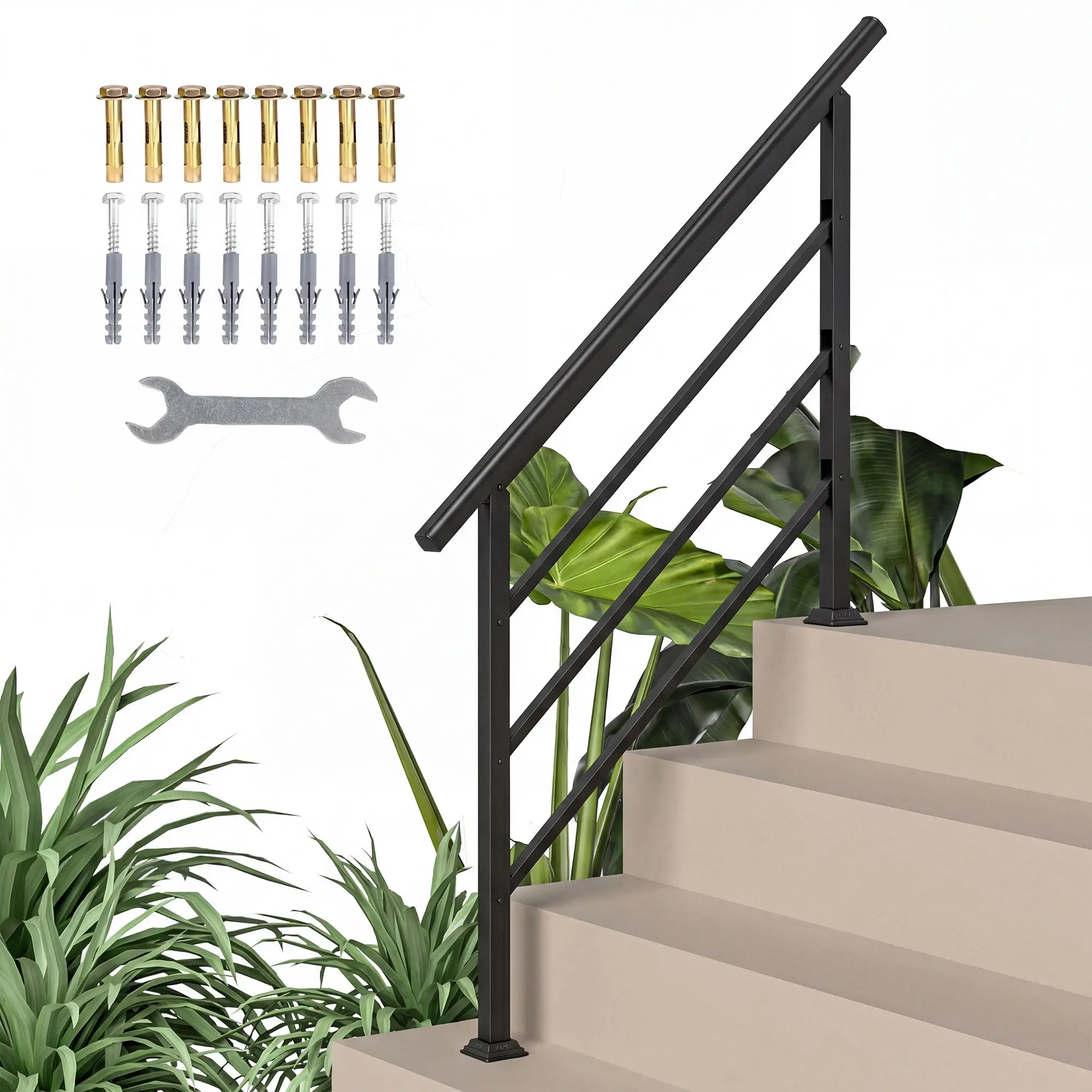 Stair Handrail, 51.6 in — Adjustable Angle Handrail Kit for 1–4 Steps, Porch, Wood & Concrete, Outdoor, Black