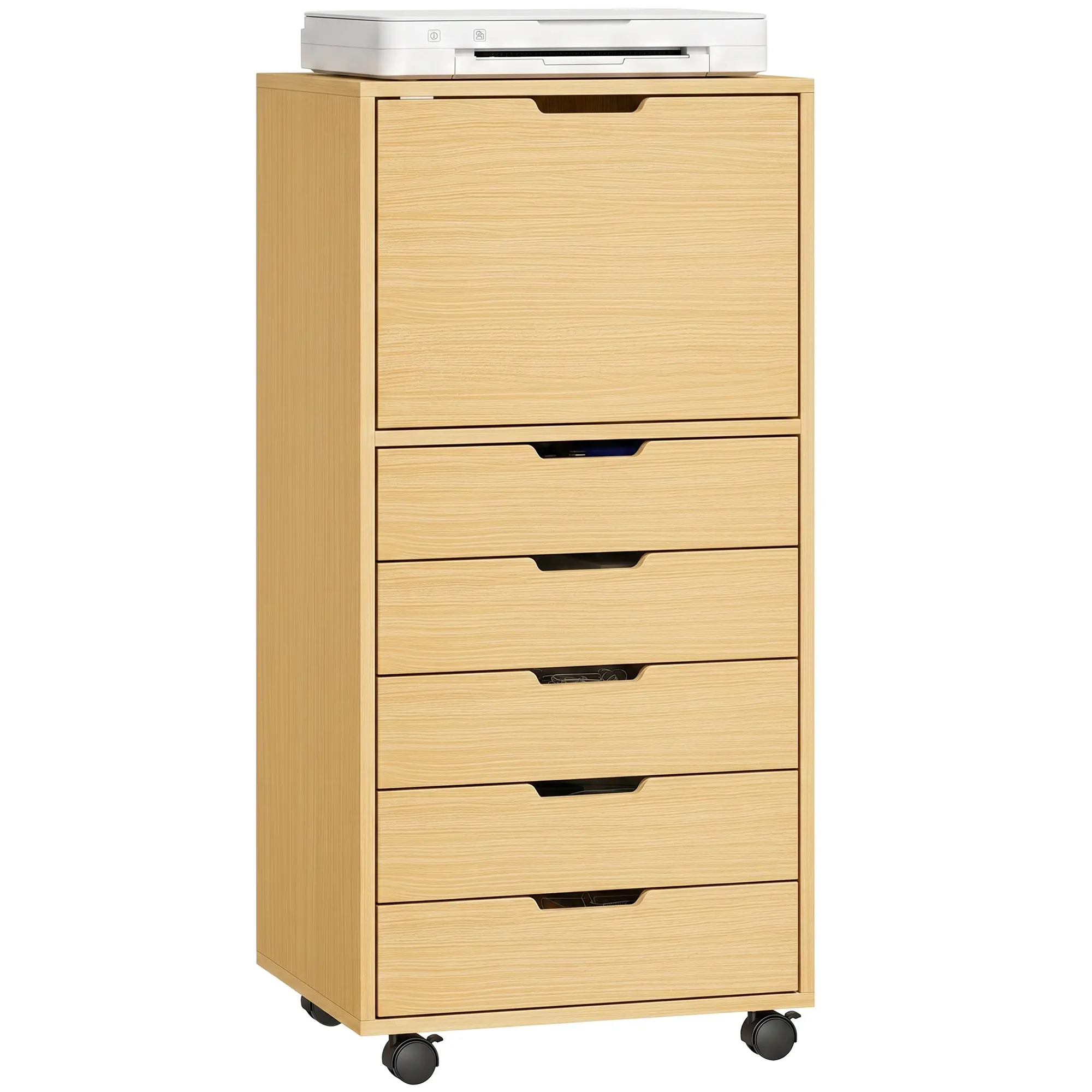 5-Drawer Mobile Office Cabinet with Cupboard, Soft-Close & Wheels — Natural Wood Finish
