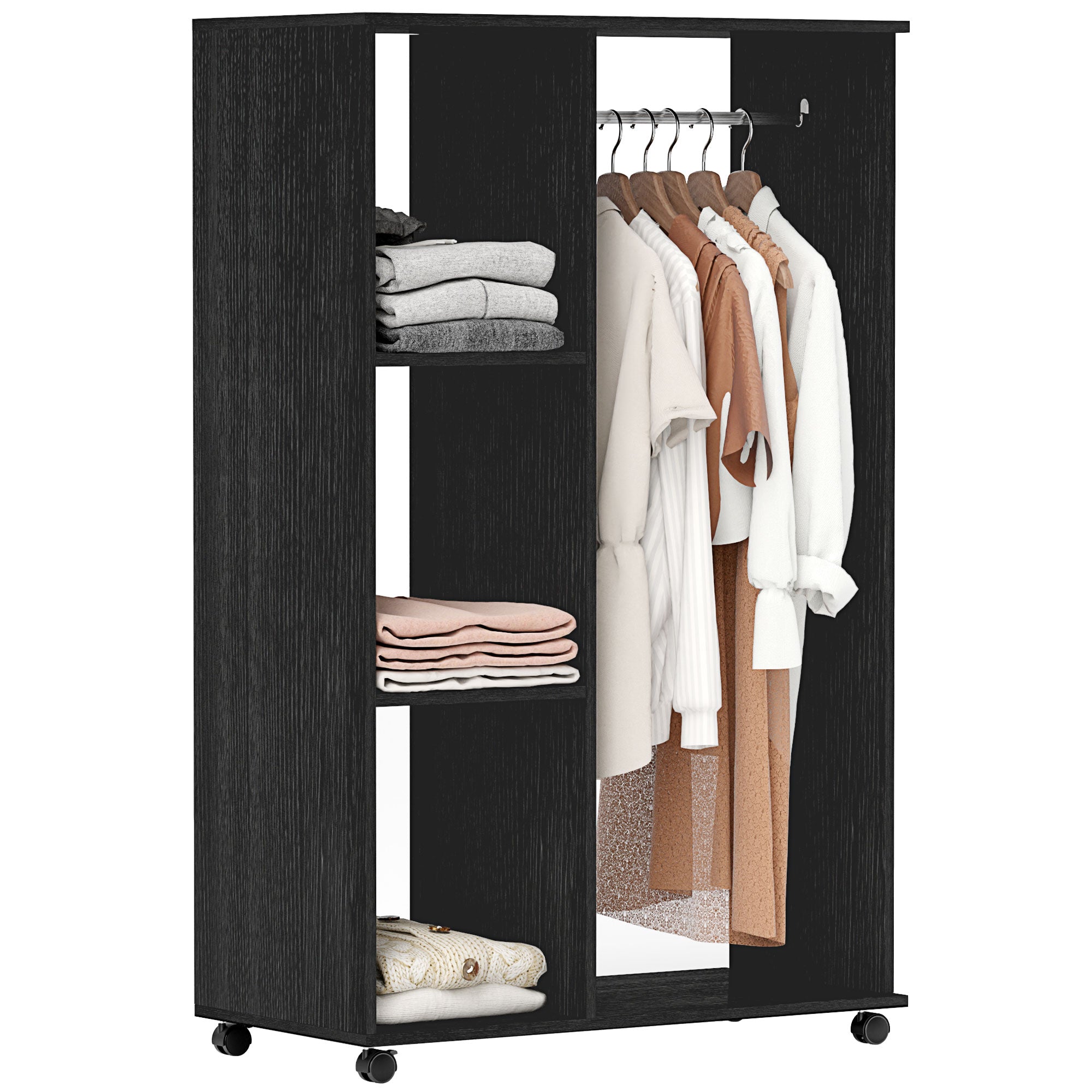 HOMCOM Kleiderschrank mit Rollen - Offenes Design für Kleidung mit Kleiderstange und Regalen - Organizer für Schlafzimmer - 80x40x128 cm - Schwarz