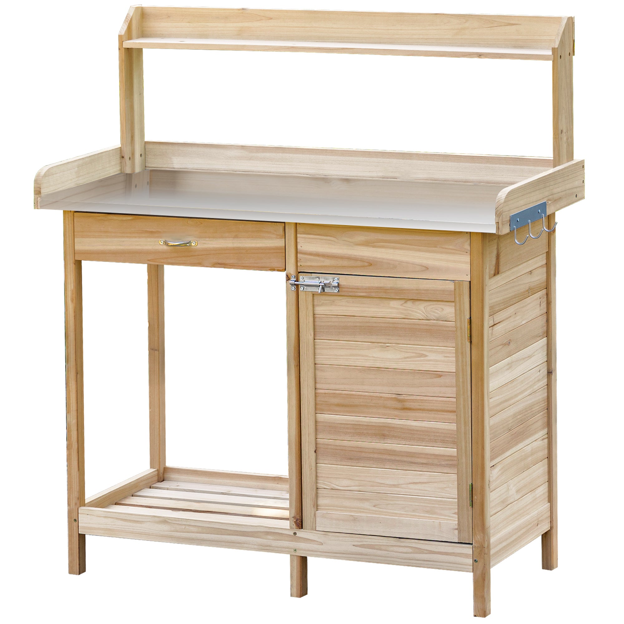 Table de jardinage Outsunny avec 2 étagères, tiroir, placard, plateau de travail en acier galvanisé avec bord, 3 crochets - Table de plantation en bois de sapin