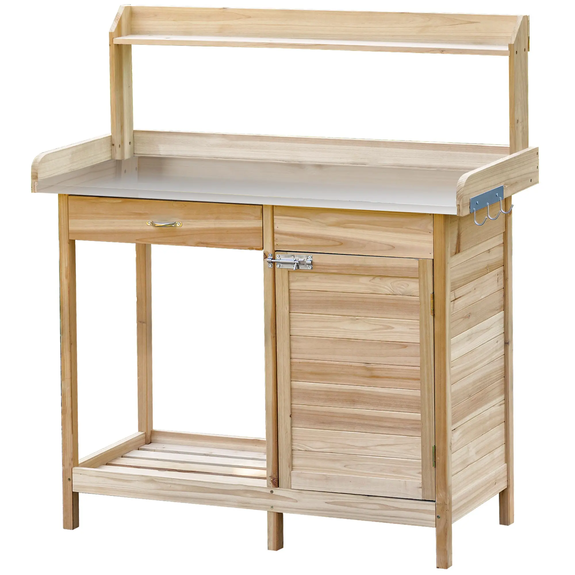 Planting Table Gardening Table with 2 Shelves, Drawer, Cupboard, Galvanized Steel Sheet Worktop with Edge, 3 Hooks - Fir Wood Planting Table