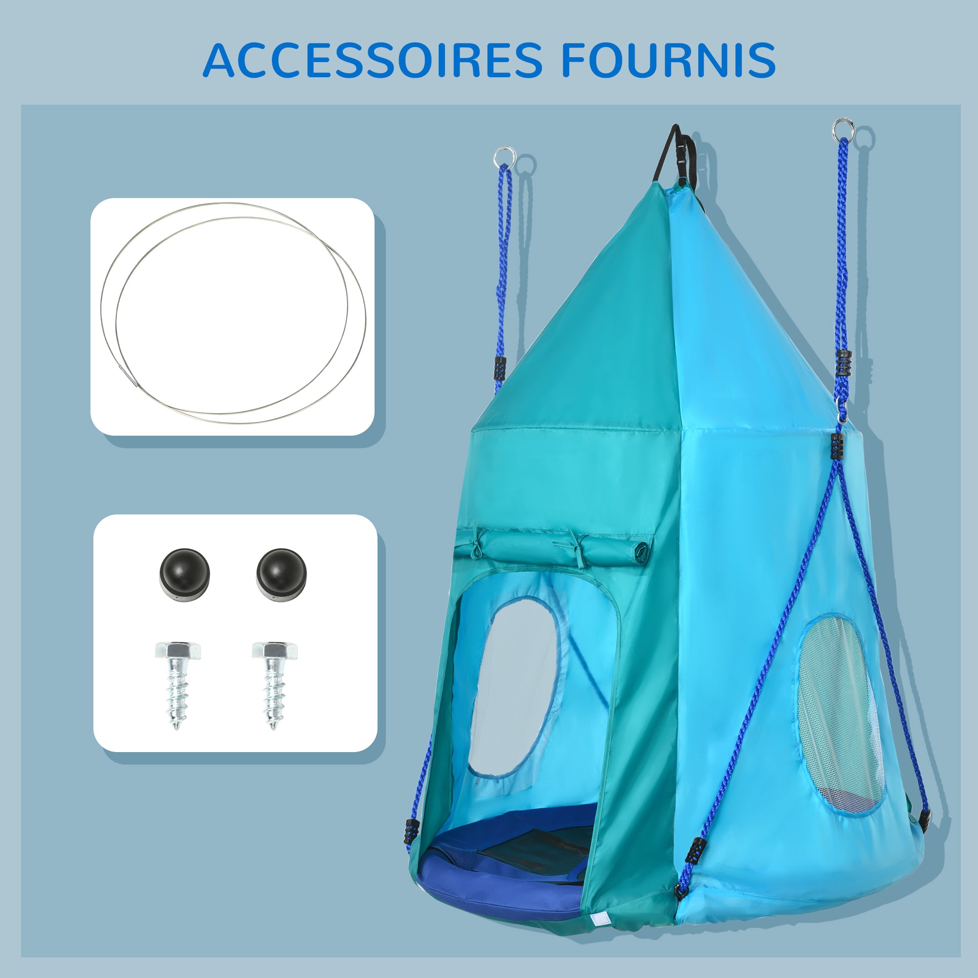 Bird Nest Swing with Removable Tent ? 100 cm, max load 150 Kg for children 3-8 years - adjustable rope height 120 to 180 cm - blue