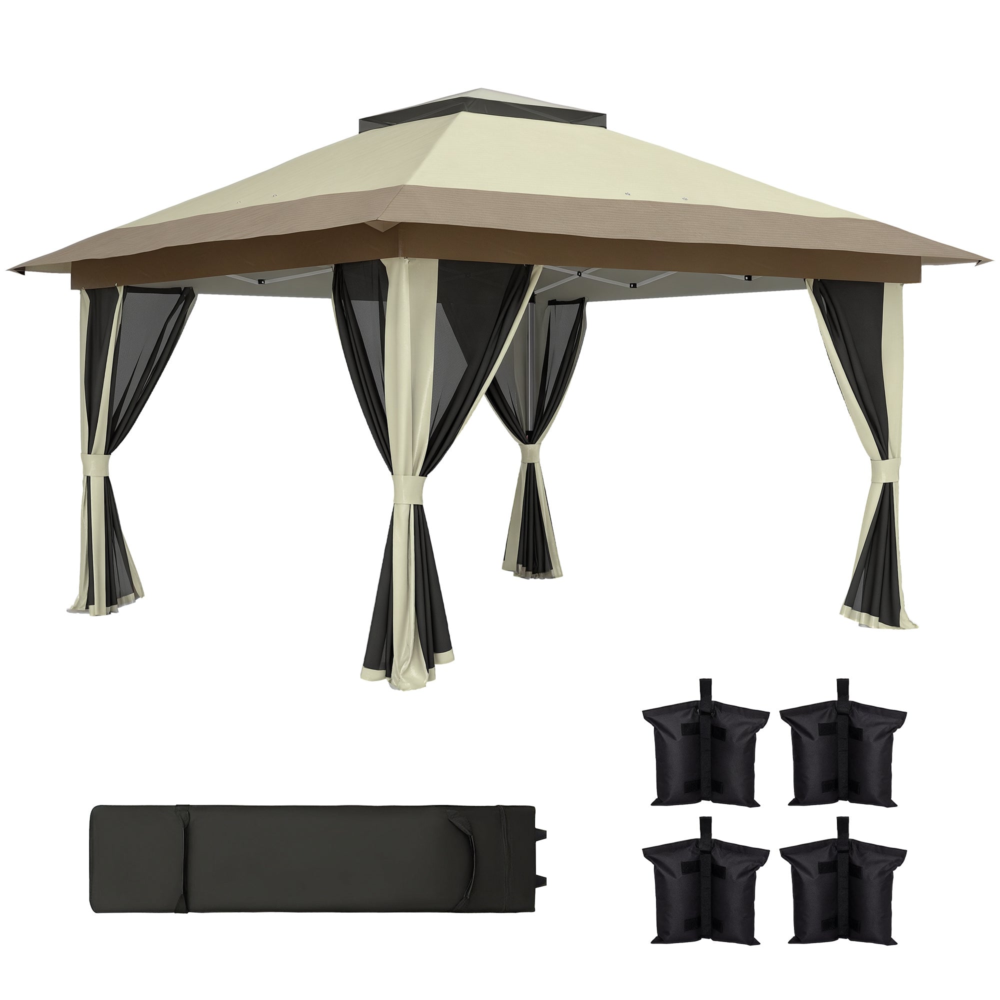 Outsunny Faltgazebo 3,6x3,6m Pop-Up Pavillon mit 4 Mesh-Seitenwänden anti-UV höhenverstellbar mit Sandsäcken und Tragetasche für Campingpartys Creme