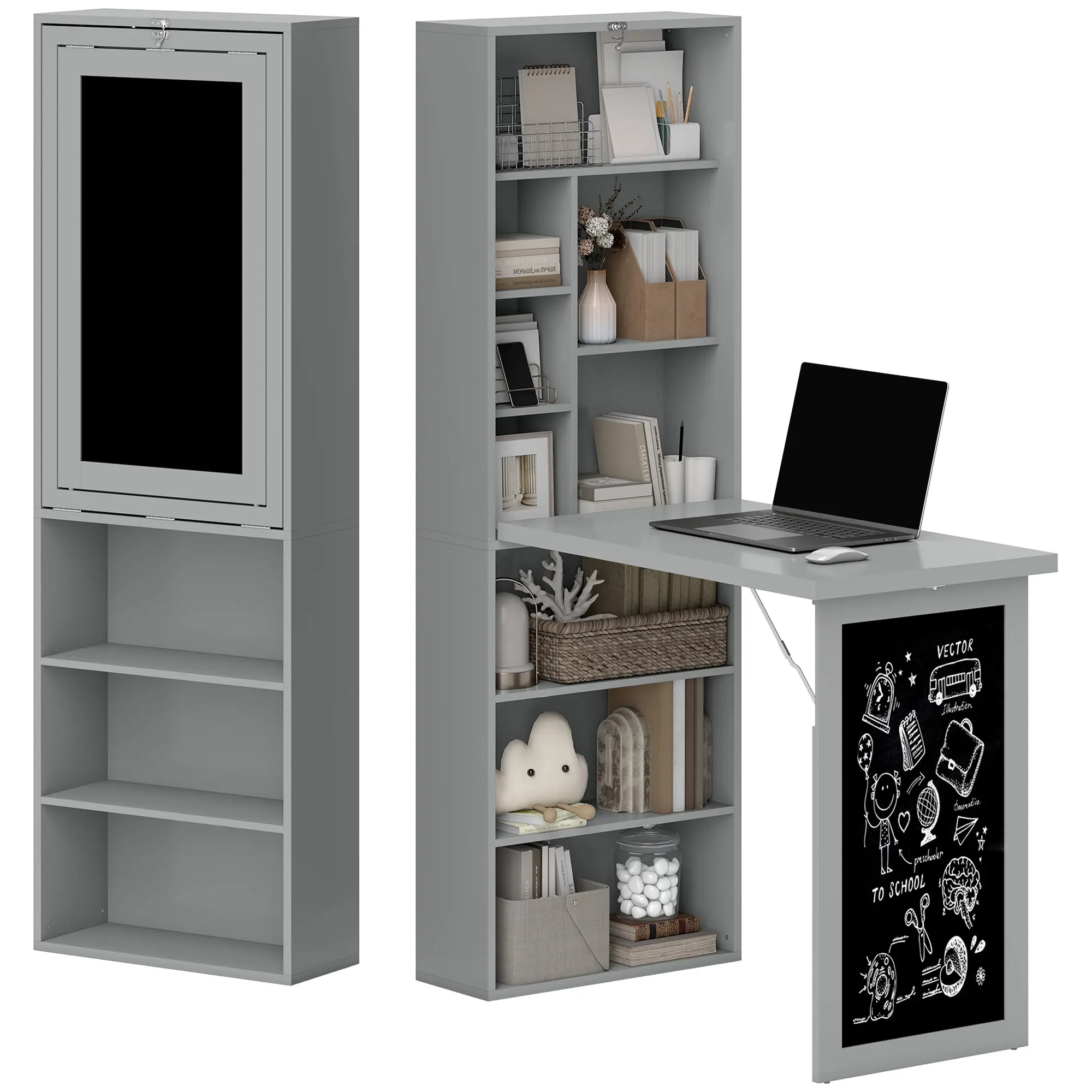 Foldable Computer Desk with Storage, Wall-mounted Foldable Table with Bookshelf, Workstation, Chalkboard, and Adjustable Shelf, Dark Gray