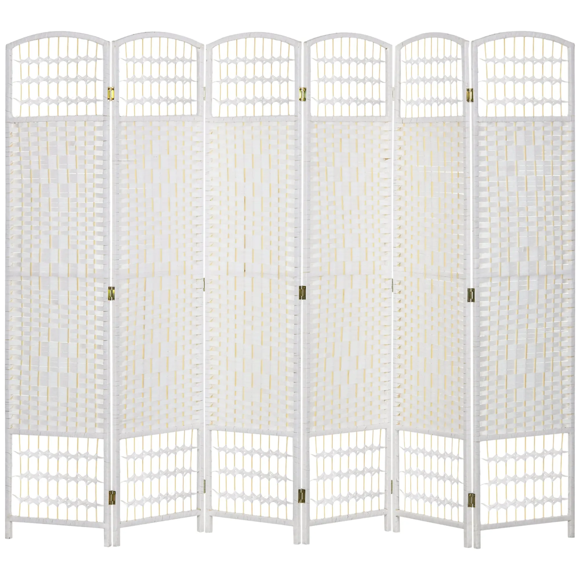 6-Panel Folding Room Divider, 240 x 170 cm (94.5 x 66.9 in) Paper Rope Weave with Pine & Bamboo Frame, White