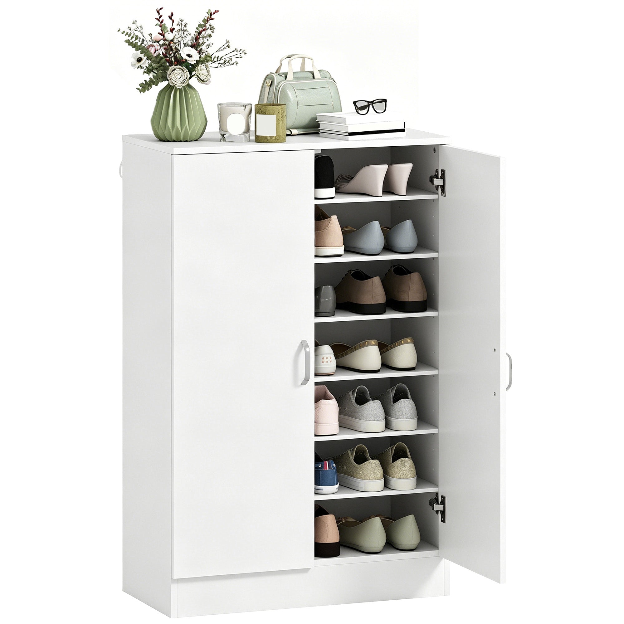 HOMCOM skoskab med 2 låger og 6 justerbare hylder, soft-close, plads til op til 21 par – naturlig træfinish (70 x 35 x 108 cm)