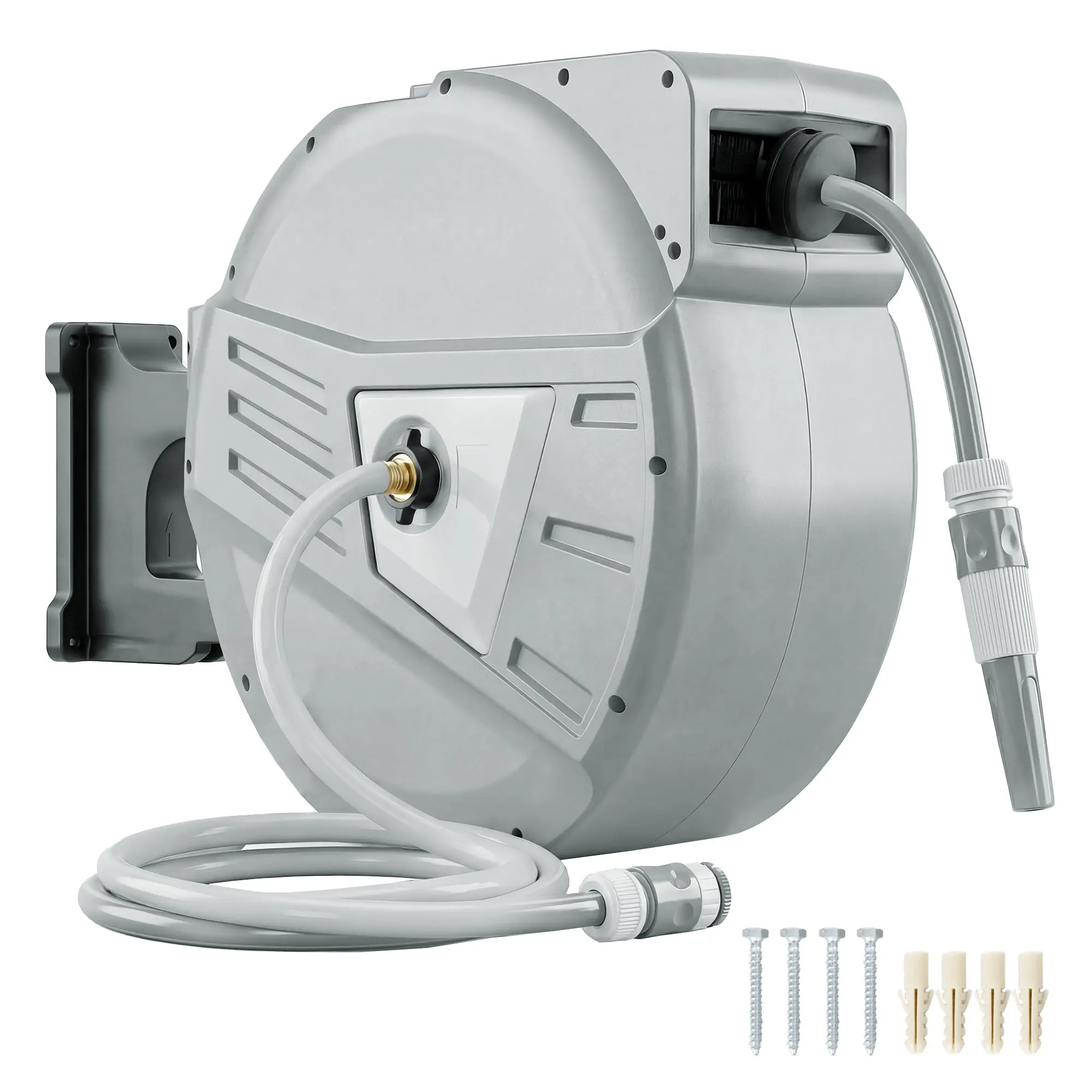 Wall-Mounted Retractable Hose Reel 131 ft + 6.6 ft, 180° Swivel, 2-Mode Nozzle, Auto Progressive Rewind with Lock, Adapters Included, Gray