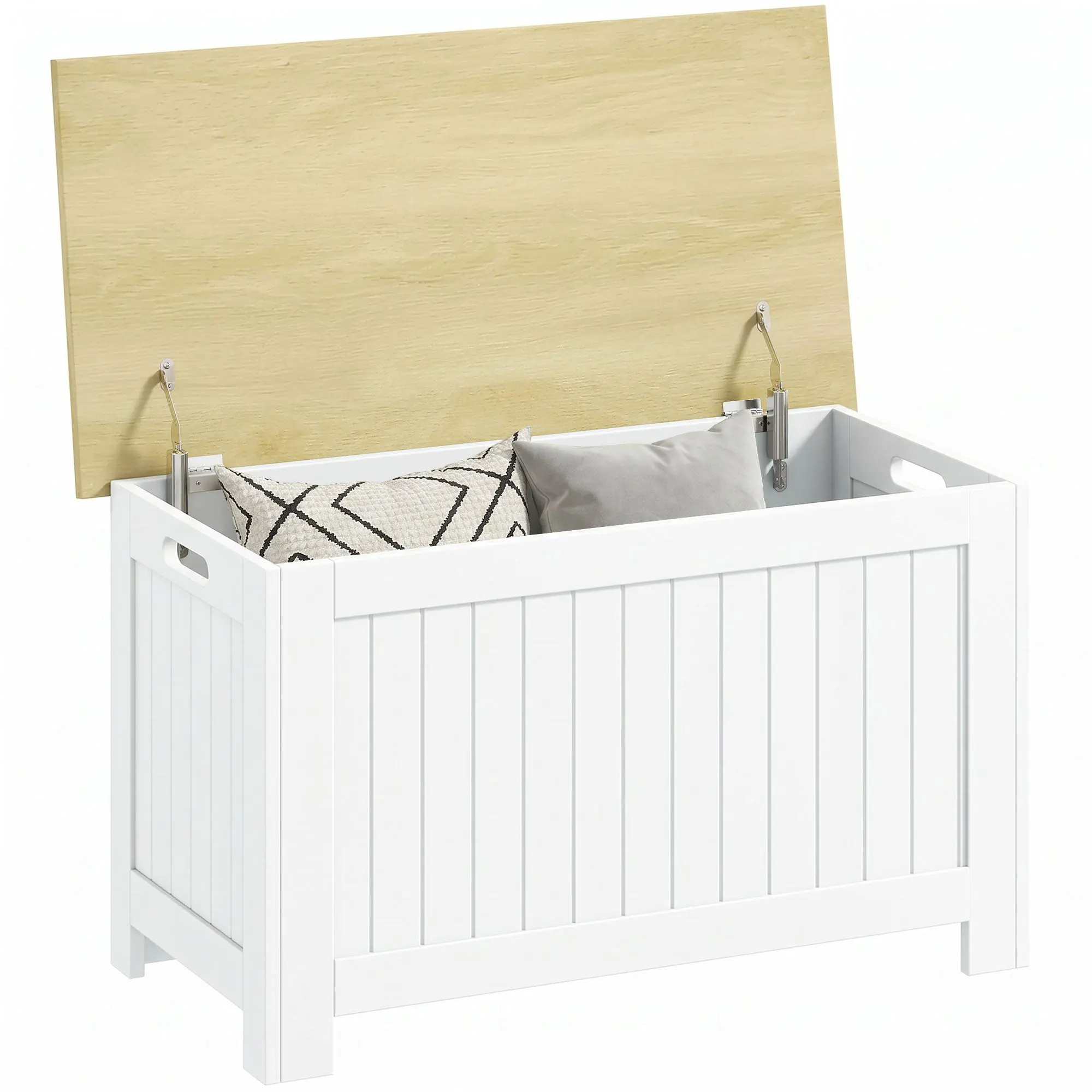 90L Storage Chest Bench with Safety Hinge – Natural & White, 31.7 x 15.7 x 18.3 in