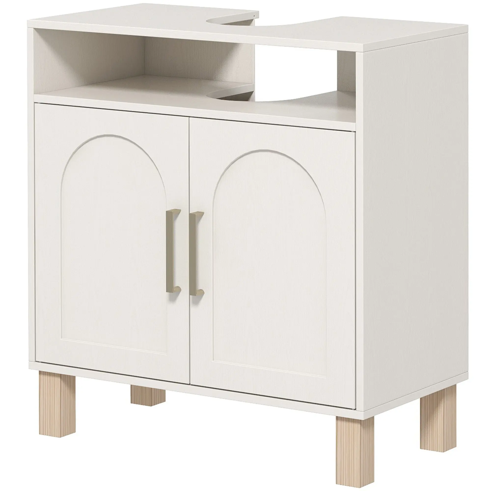 Bathroom Under Sink Cabinet, Under Sink Cabinet, Open Shelf Cupboard with 2 Magnetic Doors and Adjustable Shelf, 60 x 30 x 63 cm, White