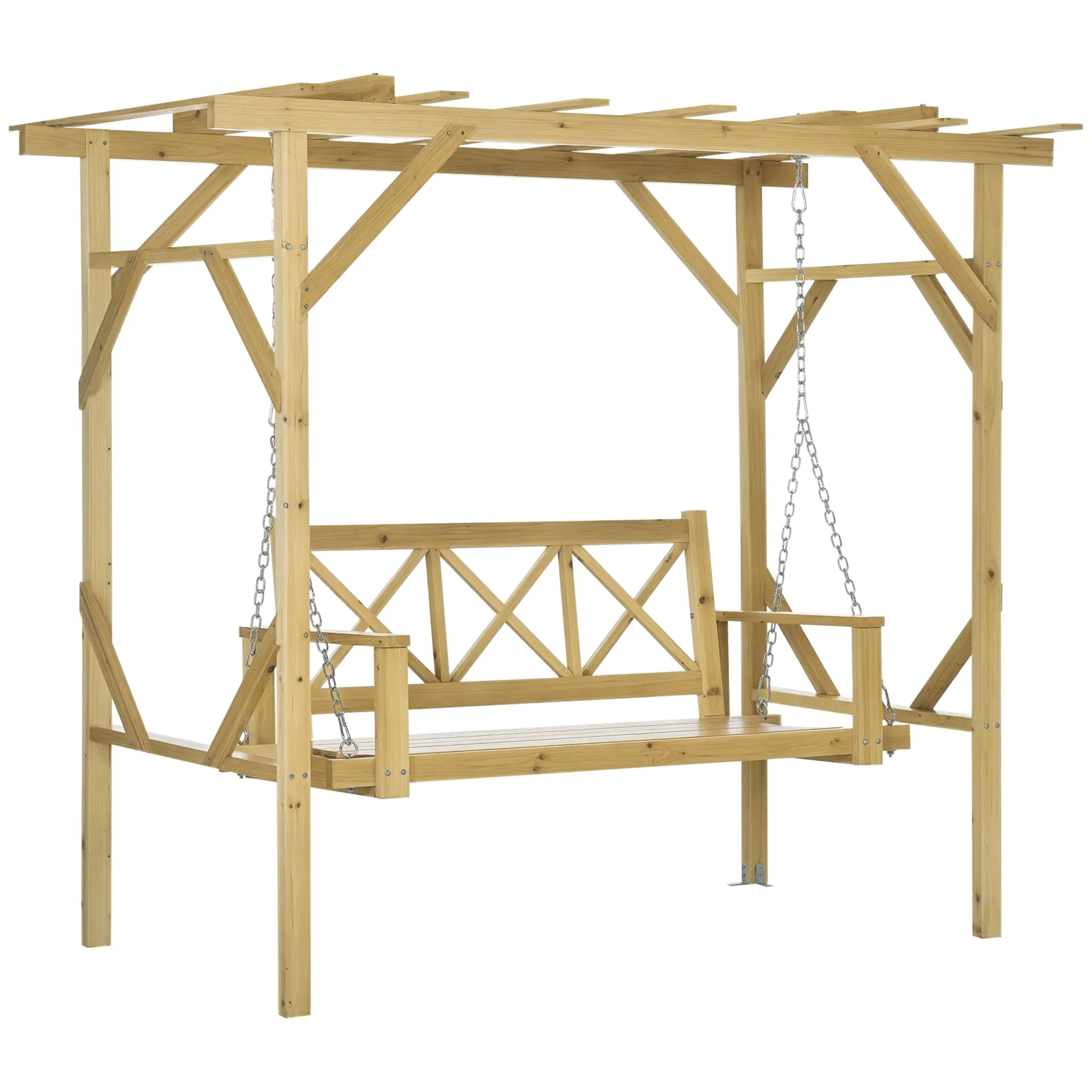 Hollywood Swing Bench with Pergola, 2-Seater Garden Swing, Weather-Resistant Bench for Garden, Balcony, Solid Wood, Natural, 221 x 140 x 196 cm