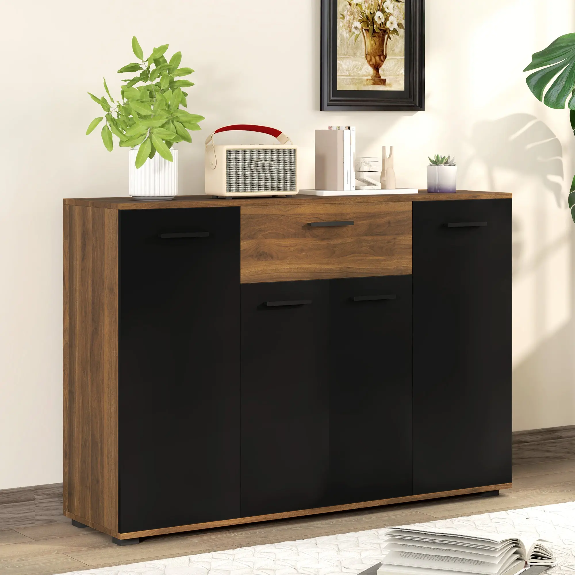Brown and Black Buffet Storage Cabinet with 4 Cabinets, Drawers, and Adjustable Shelves, Dim. 120 x 35 x 85 cm