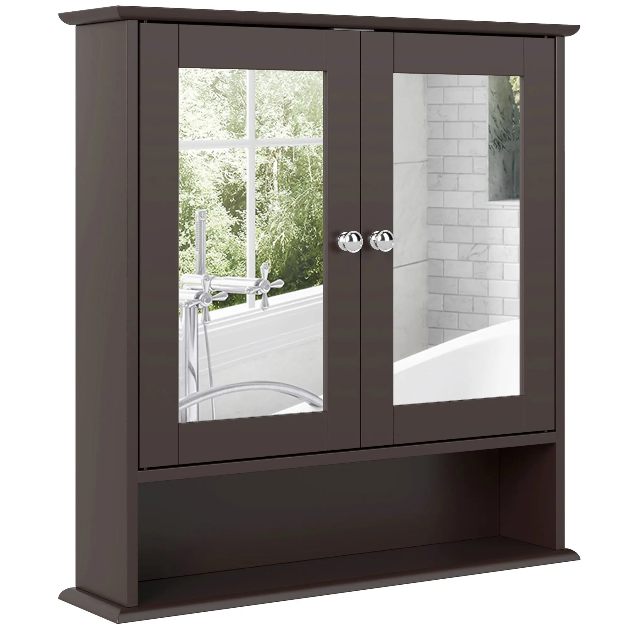 Bathroom Wall Cabinet with Mirror, 2-Door Wall-Mounted Cabinet, Open Shelf, Adjustable Shelf, Wall Storage for Kitchen & Living Areas, 56 x 13 x 58 cm (22 x 5.1 x 22.8 in), Dark Brown