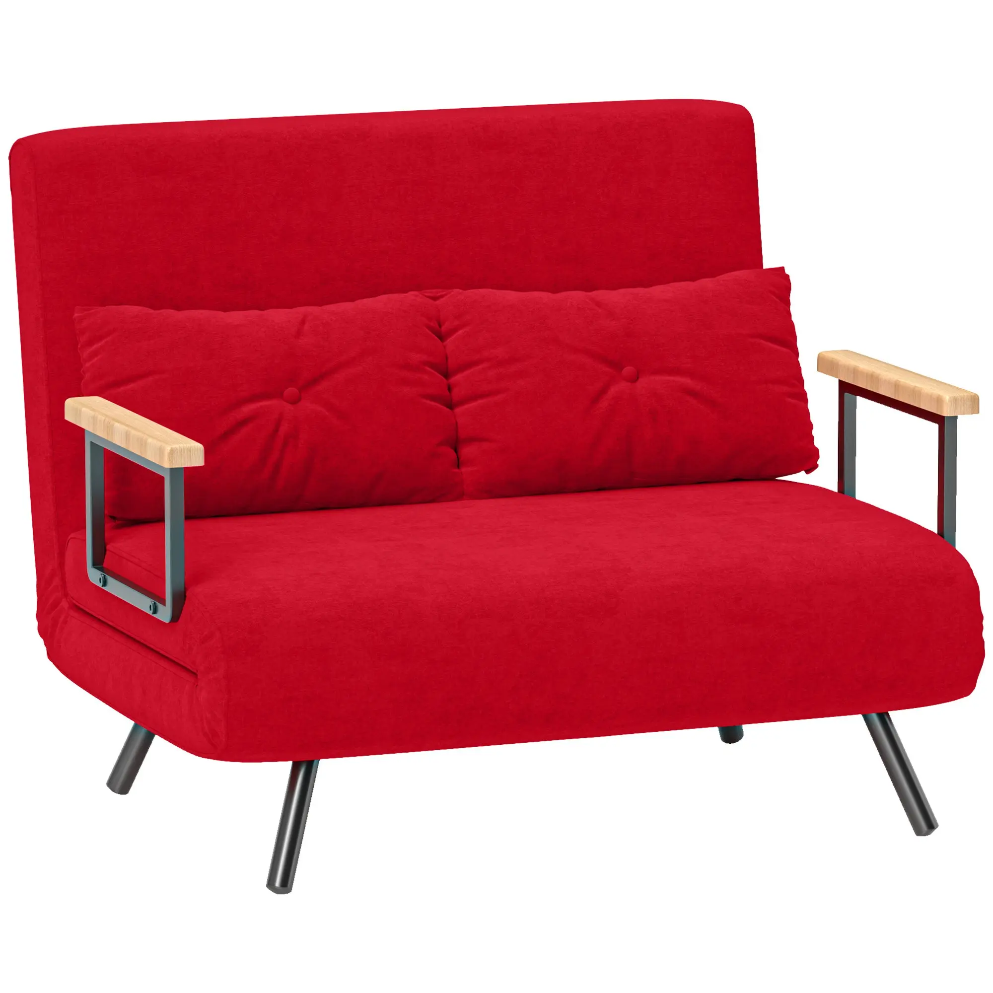 2-Seater Sofa Bed with Adjustable Backrest in 5 Levels, Folding Double Sofa Bed with 2 Cushions for Living Room, Upholstered Fabric, Steel and Wood, 102x73x81 cm, Red