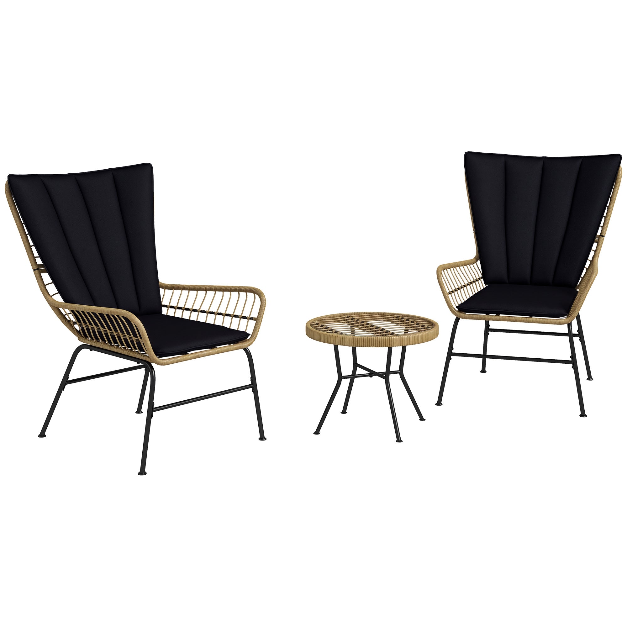 Outsunny 3-delad Rattan Sittgrupp, Trädgårdsset, Utemöbelset med 2 Stolar, Sidobord med Härdat Glas, Kuddar, för Balkong, Terrass, Natur+Svart