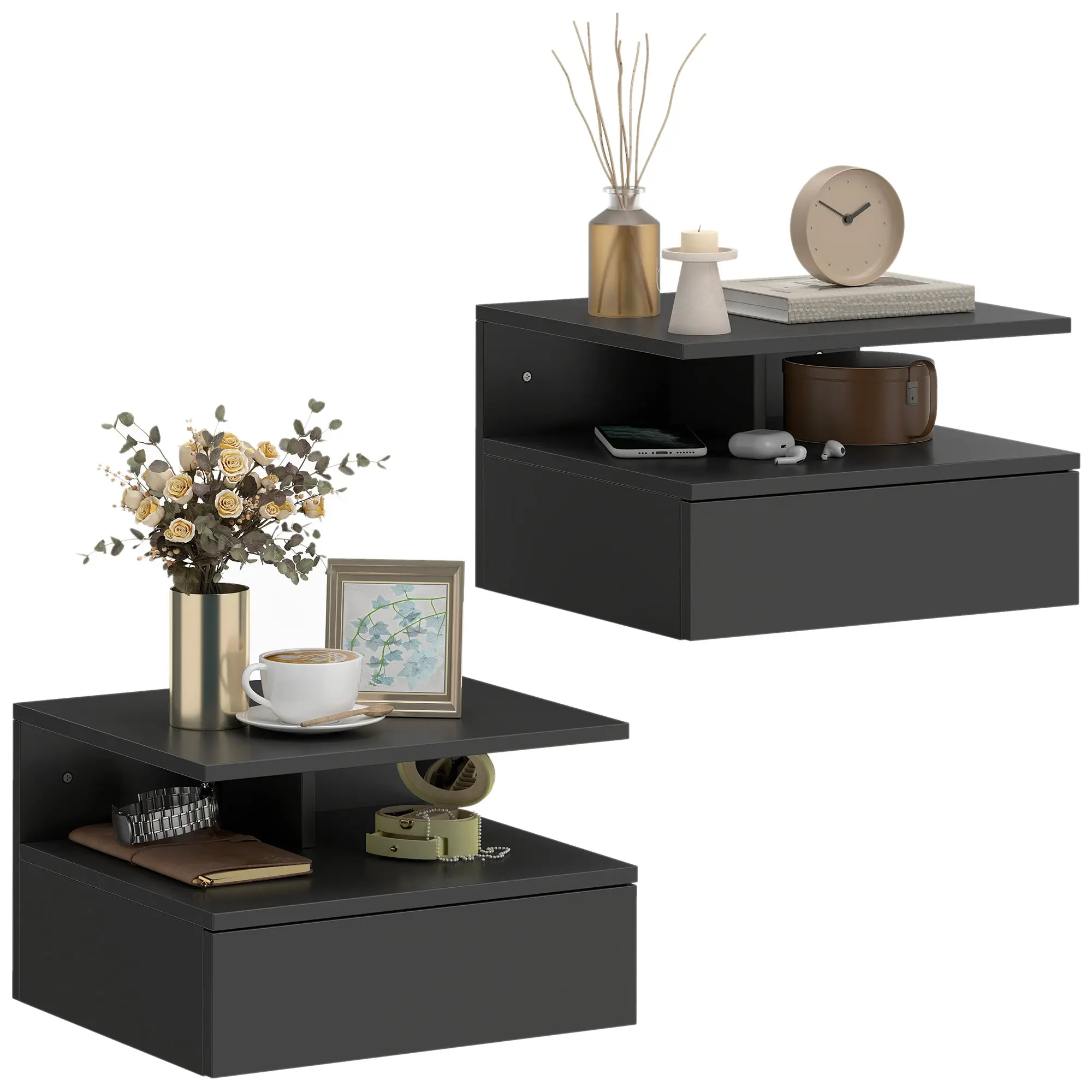 Set of 2 Floating Wall-Mounted Nightstands with Drawer, Modern Black, 35 x 32 x 22.5 cm (13.8 x 12.6 x 8.9 in)