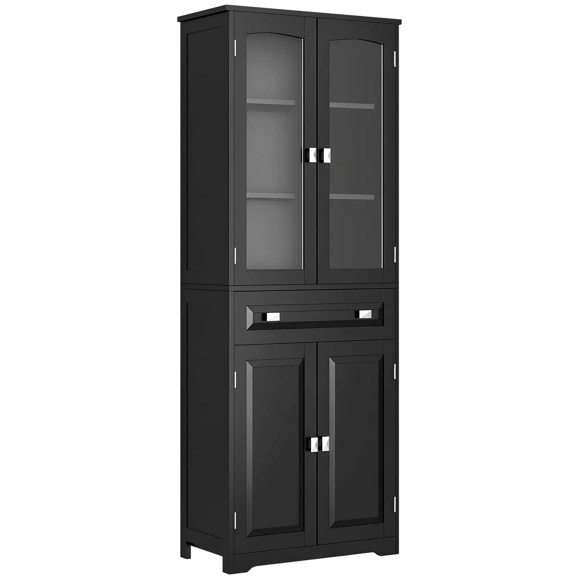 Tall Kitchen Buffet Cabinet — 4 Doors (2 Glass) with 1 Drawer, 63 in (160 cm) Height, Adjustable Shelves, Black