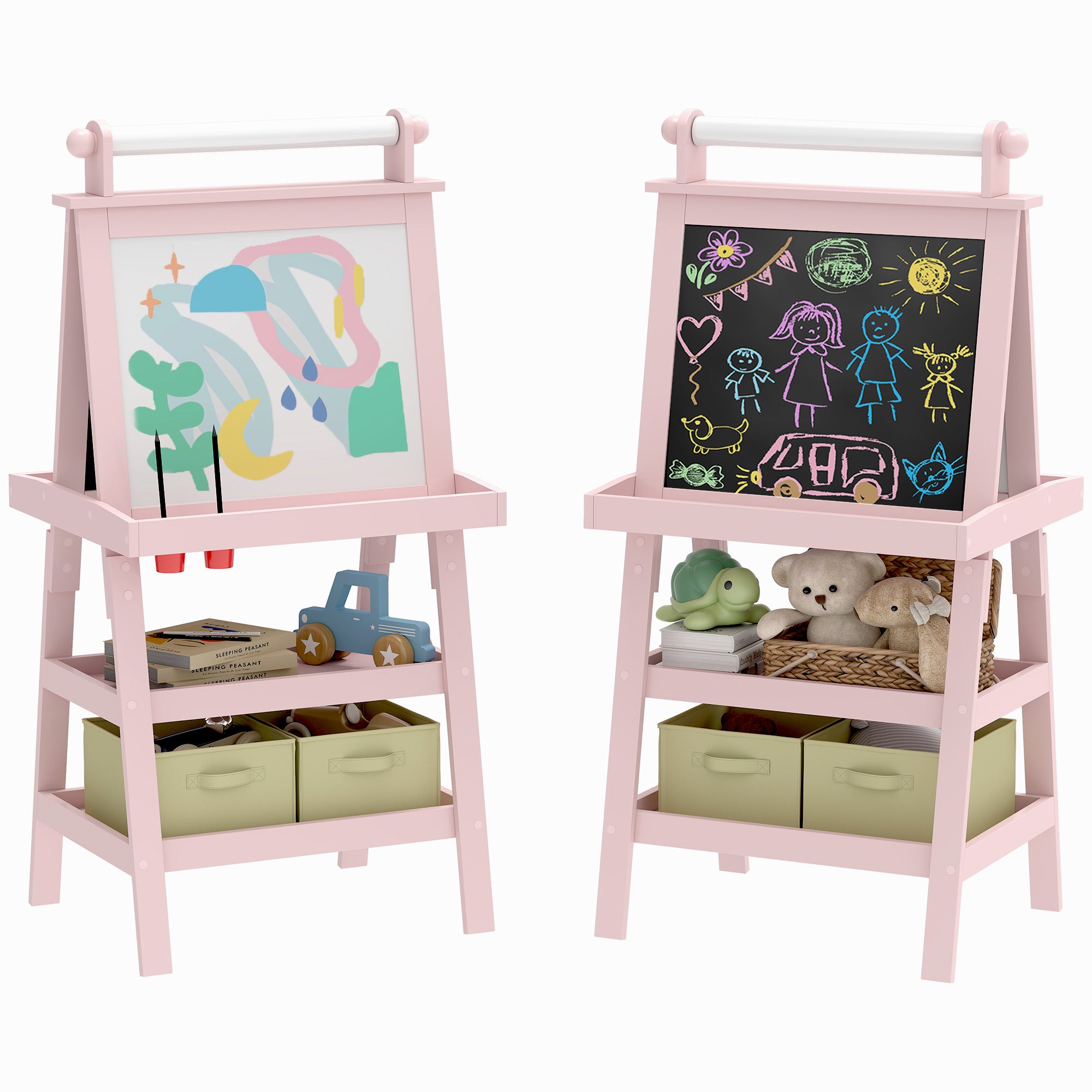 AIYAPLAY Kinder-Easel 3 in 1 Doppelseitige Magnetische Kinder-Schultafel Mal-Easel mit Papierrolle und Aufbewahrungskörben 59x48x118 cm Rosa