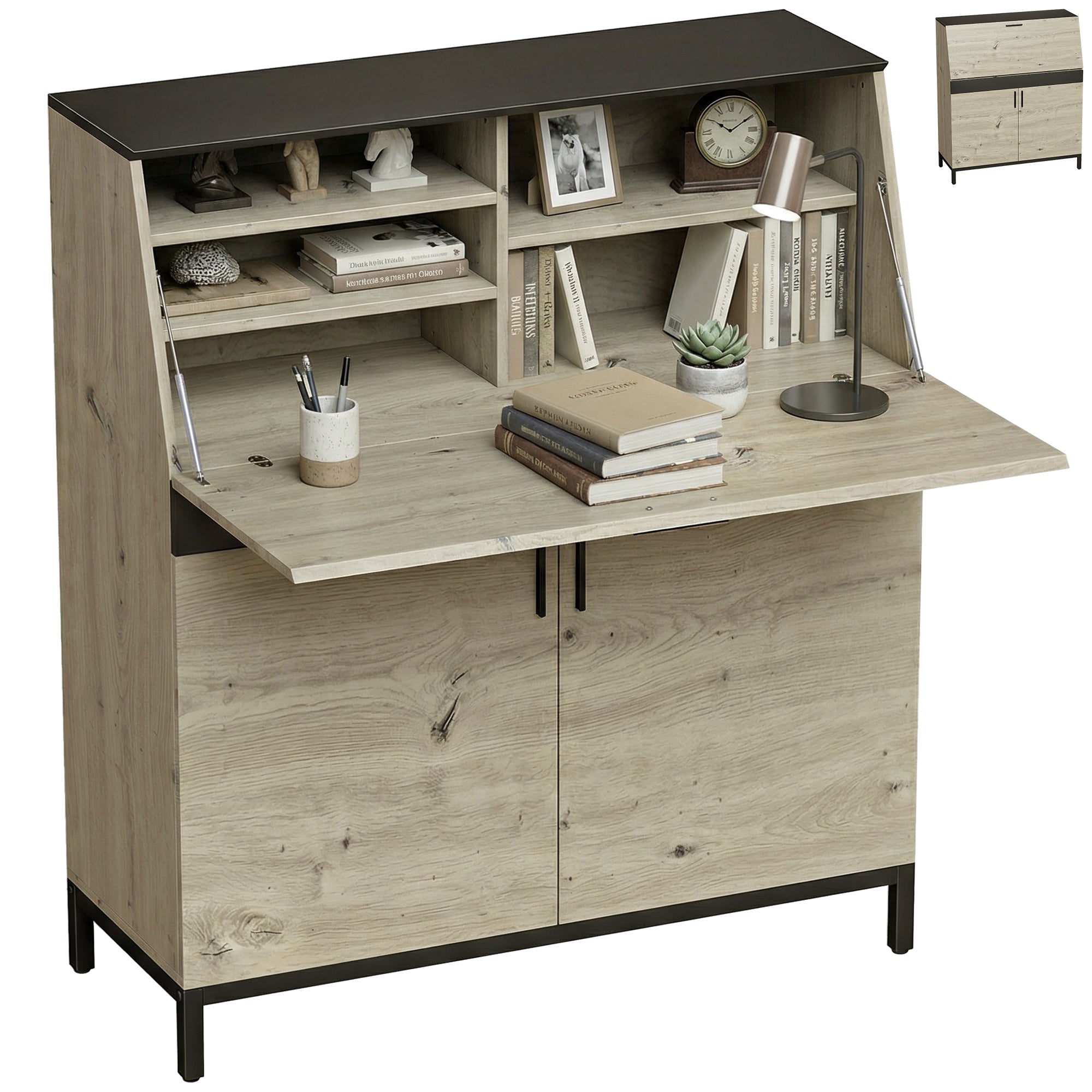 HOMCOM sekretærskrivebord 100 cm — moderne industrielt skrivebord med hylder & skab, naturlig træ/sort