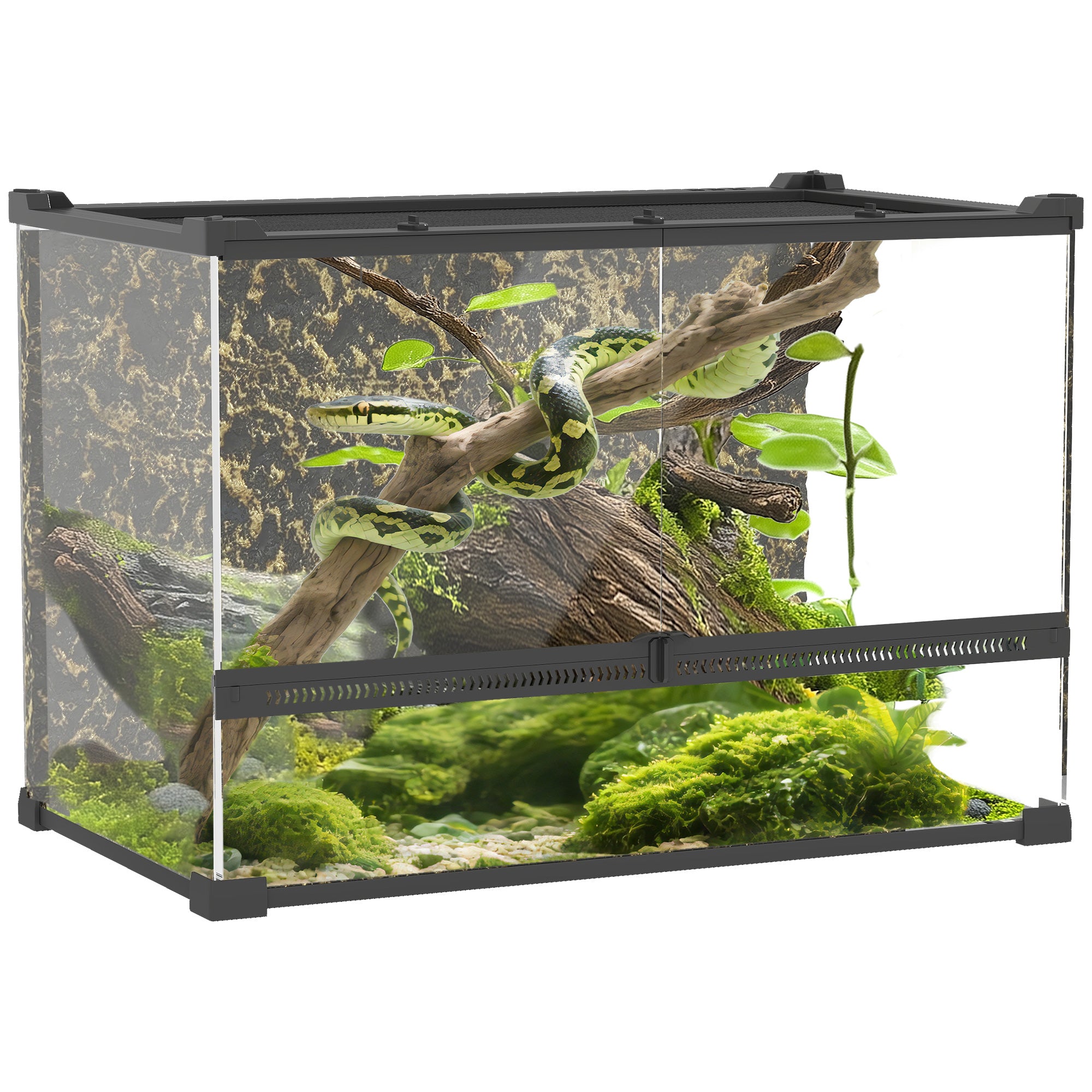 PawHut Glas-Terrarium für Reptilien — 48 l (50 × 30 × 35 cm) mit Frontbelüftung, Felsrückwand, ausbruchssicherer Drehknopf-Verriegelung, schwarz