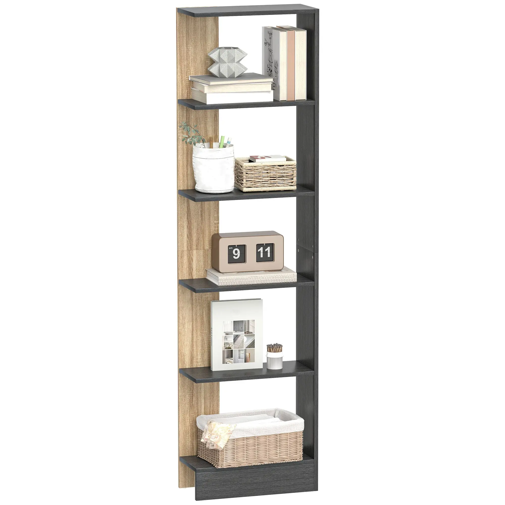 5-Compartment Open Storage Bookshelf, Simple Modern Design - Ideal for Living Room, Bedroom, Home Office, 17.7 x 8.3 x 66.9 in, Black & Oak