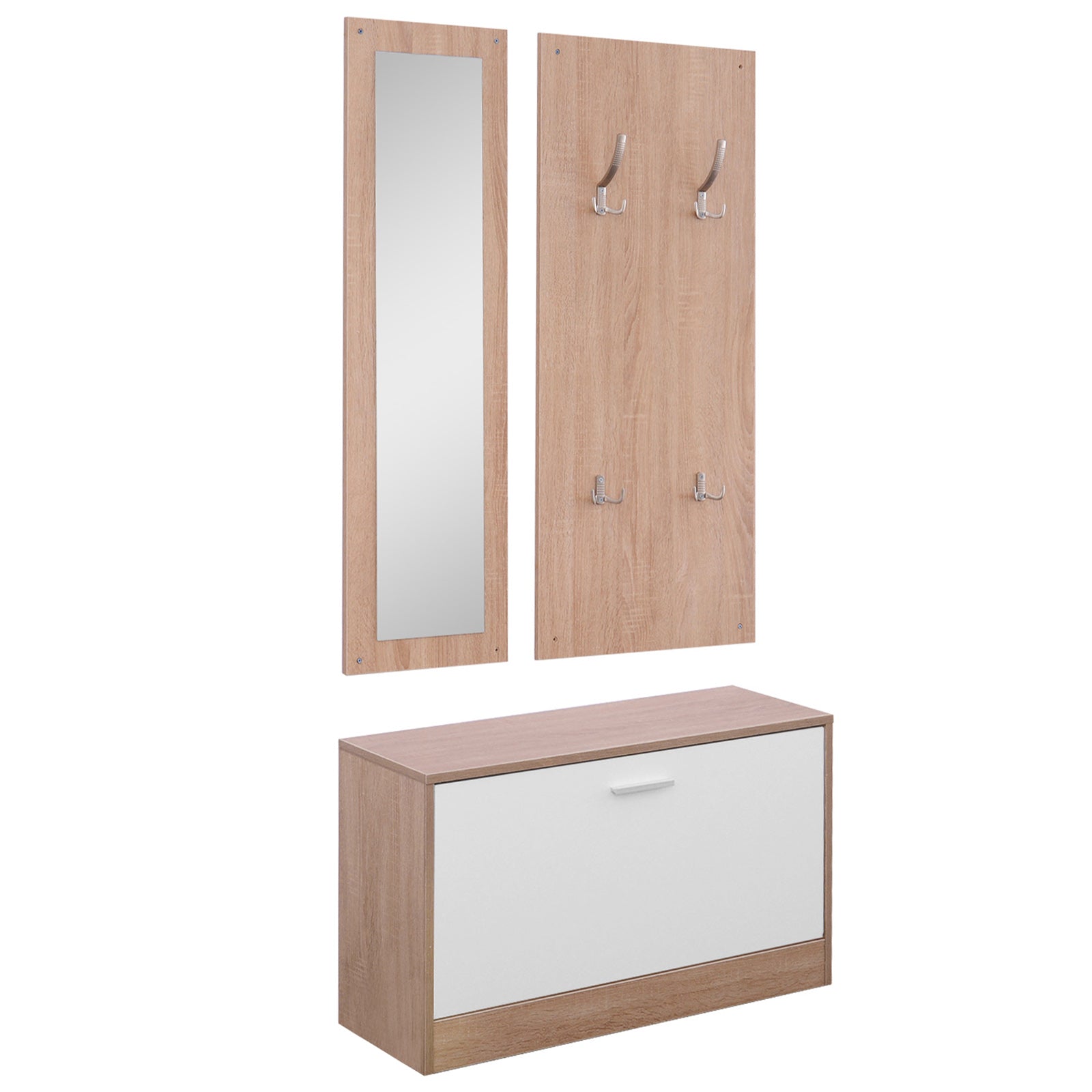 HOMCOM 3 darabos Előszoba Bútor Szett Cipőpaddal, Fali Kabát Akasztóval és Tükörrel, Fa Gardrób a Hálószobába és Előszobába, 80x27x46,5 cm Fa Színben és Fehérben