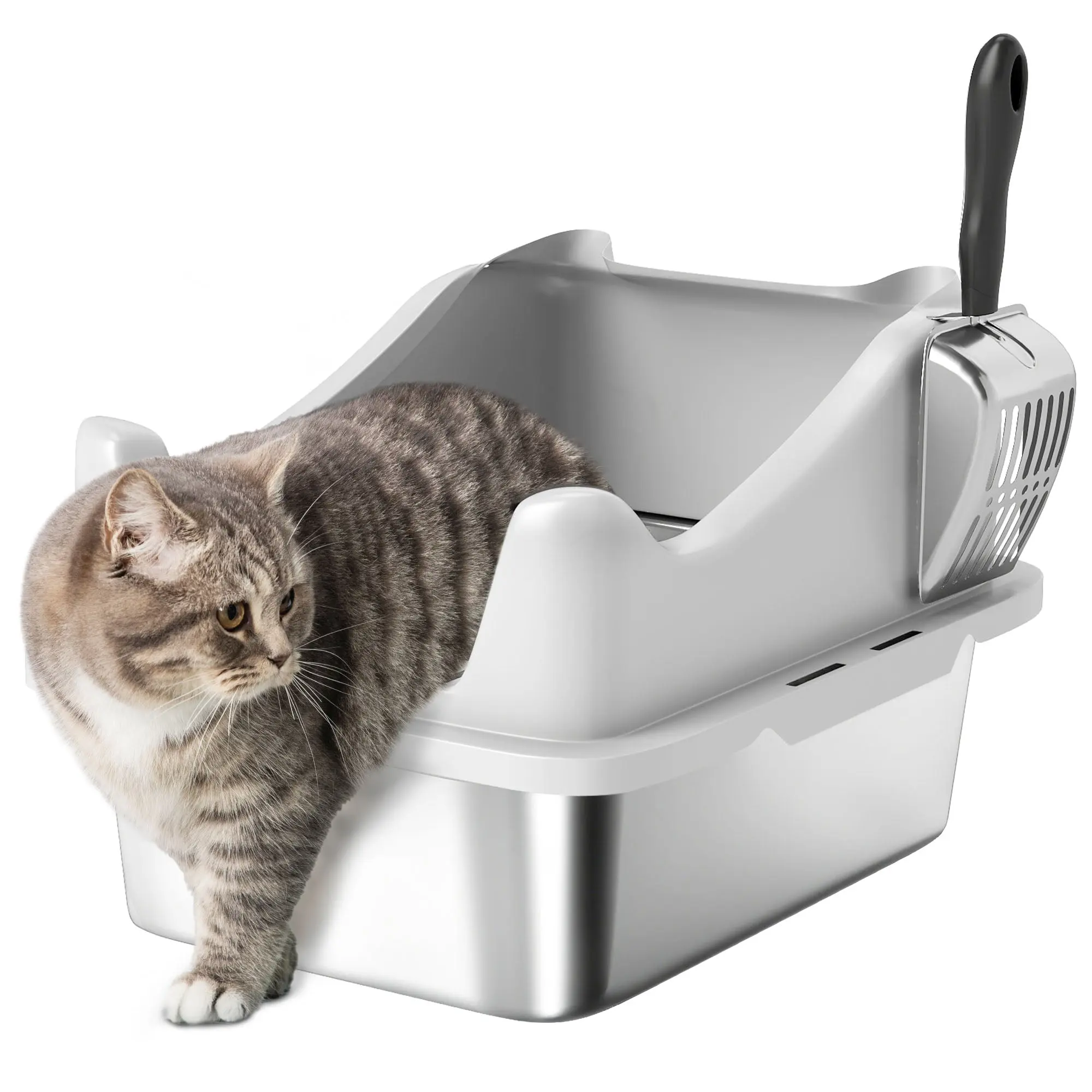 Stainless Steel Cat Litter Pan – High Sides, Easy-Clean, Anti-Scatter, Metal Scoop, 17 x 13 x 10 in (43.1 x 33.2 x 25.4 cm), Gray