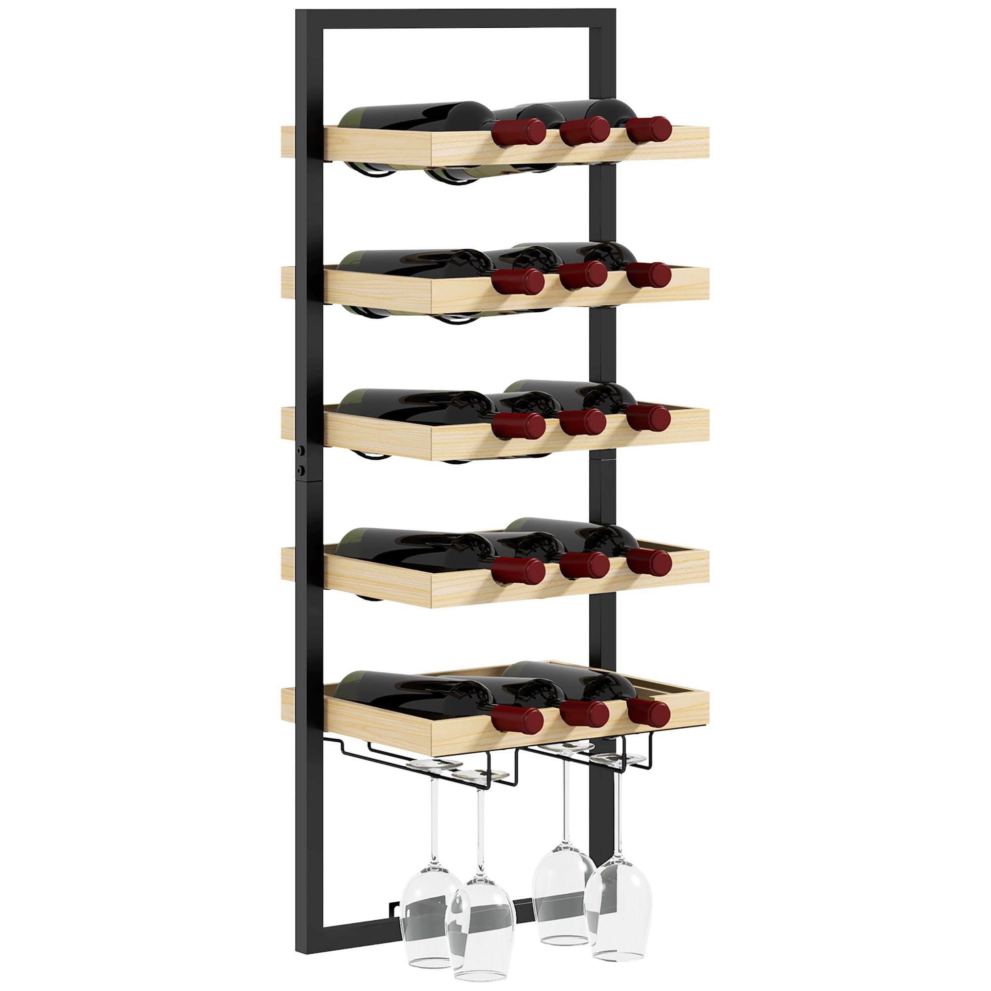 Wooden and Steel Wall Mounted Wine Rack, Wine Bottle and Glass Holder for 15 Bottles and 4 Glasses, Wine Cellar for Bar, Kitchen, Living Room, Dining Room, and Restaurant, Wood Color