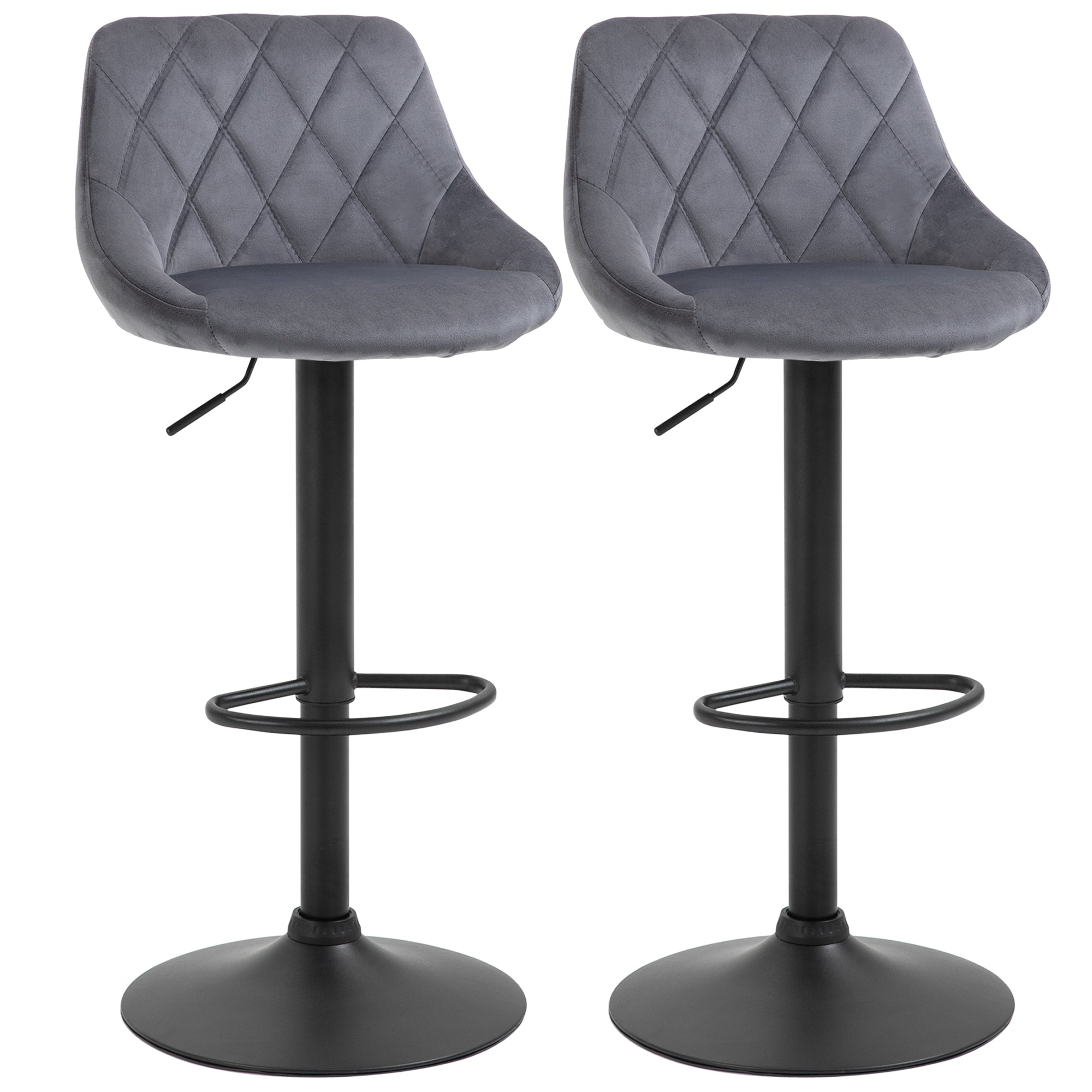 HOMCOM Ensemble de 2 Tabourets de Bar avec Hauteur Réglable, Base Métallique et Siège en Similicuir, Tabourets de Bar Modernes Pivotants avec Dossier et Repose-Pieds 46x48x83-104cm, Gris et Noir