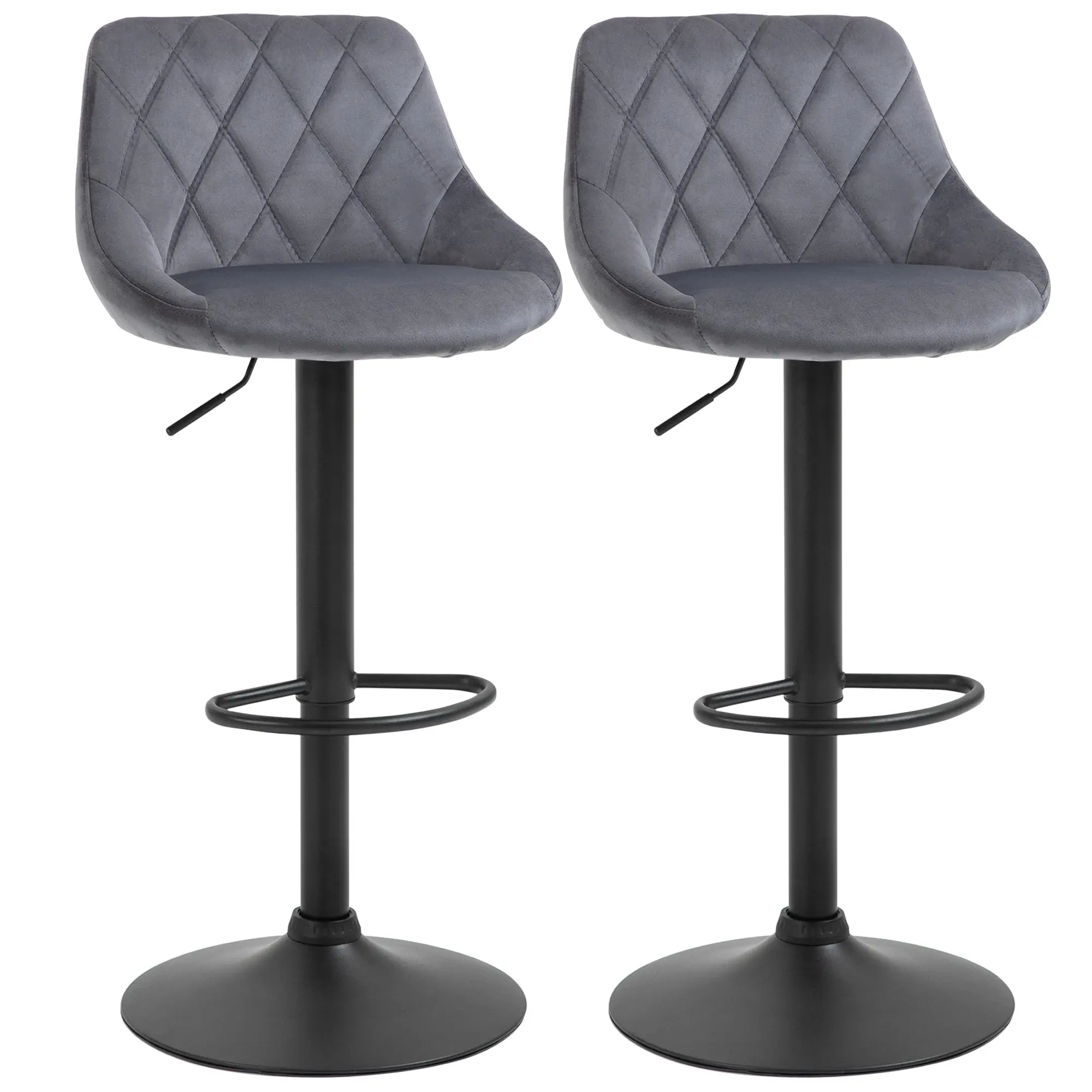 Set of 2 Bar Stools with Adjustable Height, Metal Base and Faux Leather Seat, Modern Swivel Barstools with Backrest and Footrest 46x48x83-104cm, Grey and Black