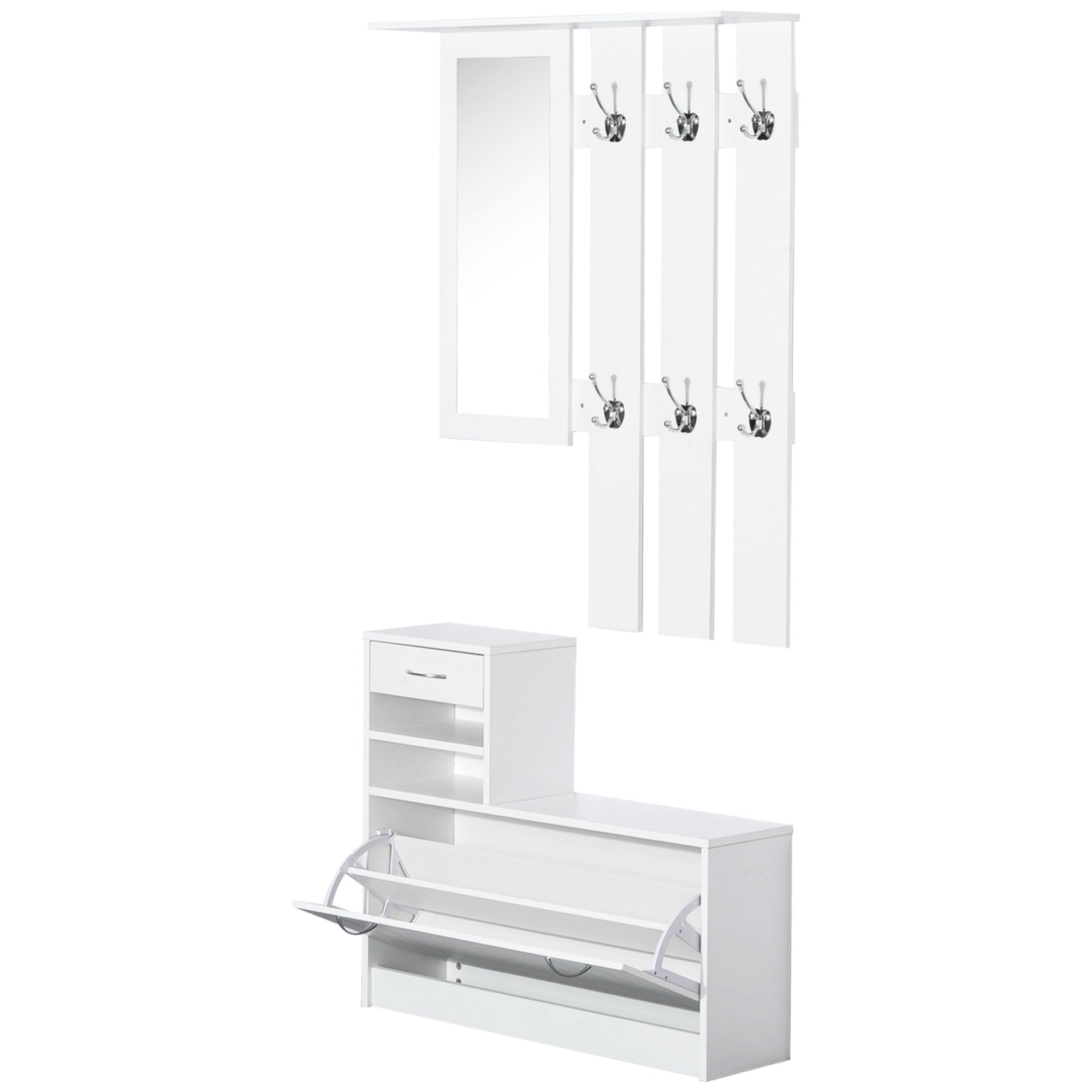 HOMCOM Armoire d’Entrée avec Miroir, Porte-Manteau et Rangement à Chaussures - Ensemble de Mobilier d'Entrée en 2 Pièces avec 6 Crochets, Étagères et Tiroir Rabattable pour Couloir Blanc