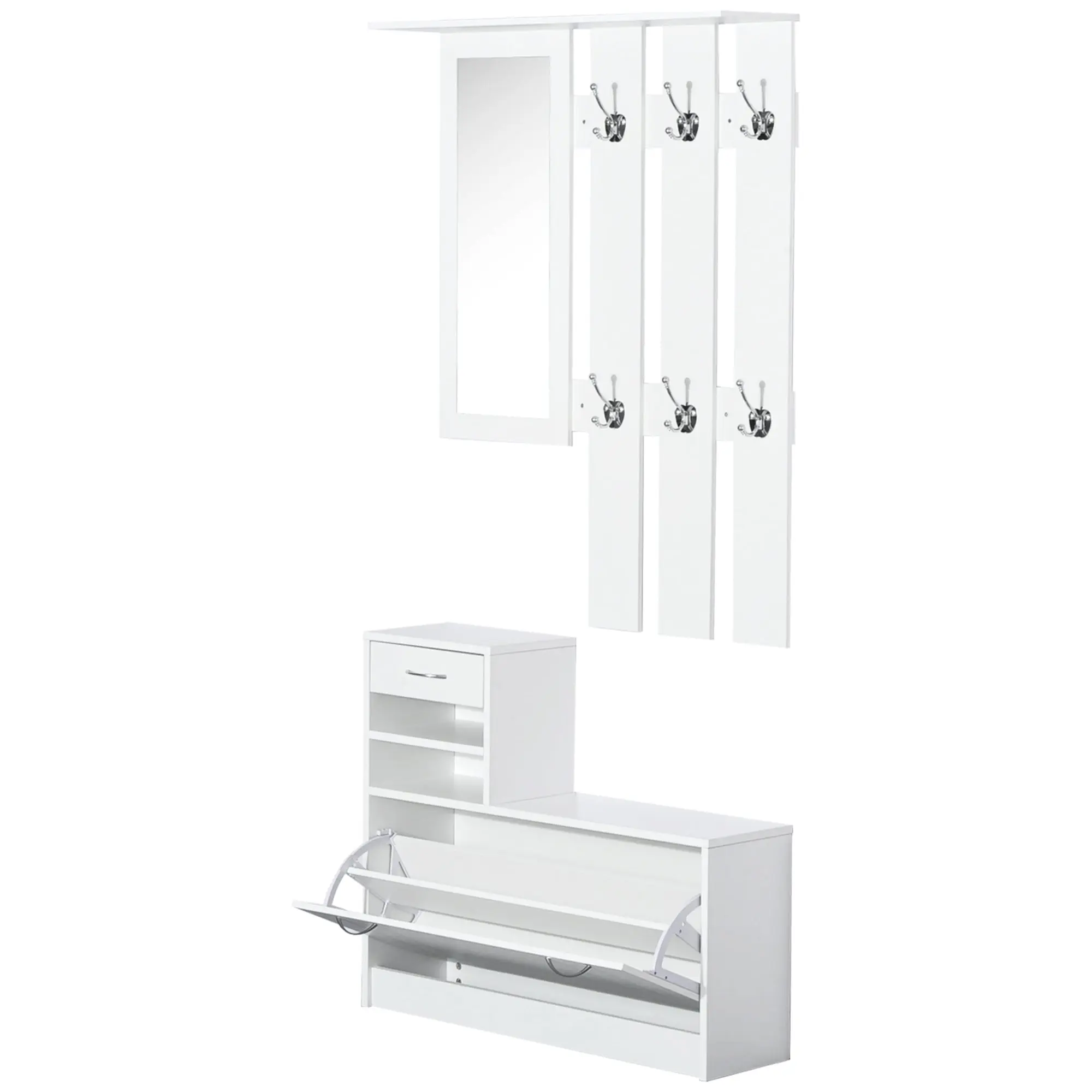 Entryway Hall Tree with Mirror Coat Rack and Shoe Storage 2-Piece Entryway Furniture with 6 Hooks Shelves and Flip-Down Drawer for Hallway White