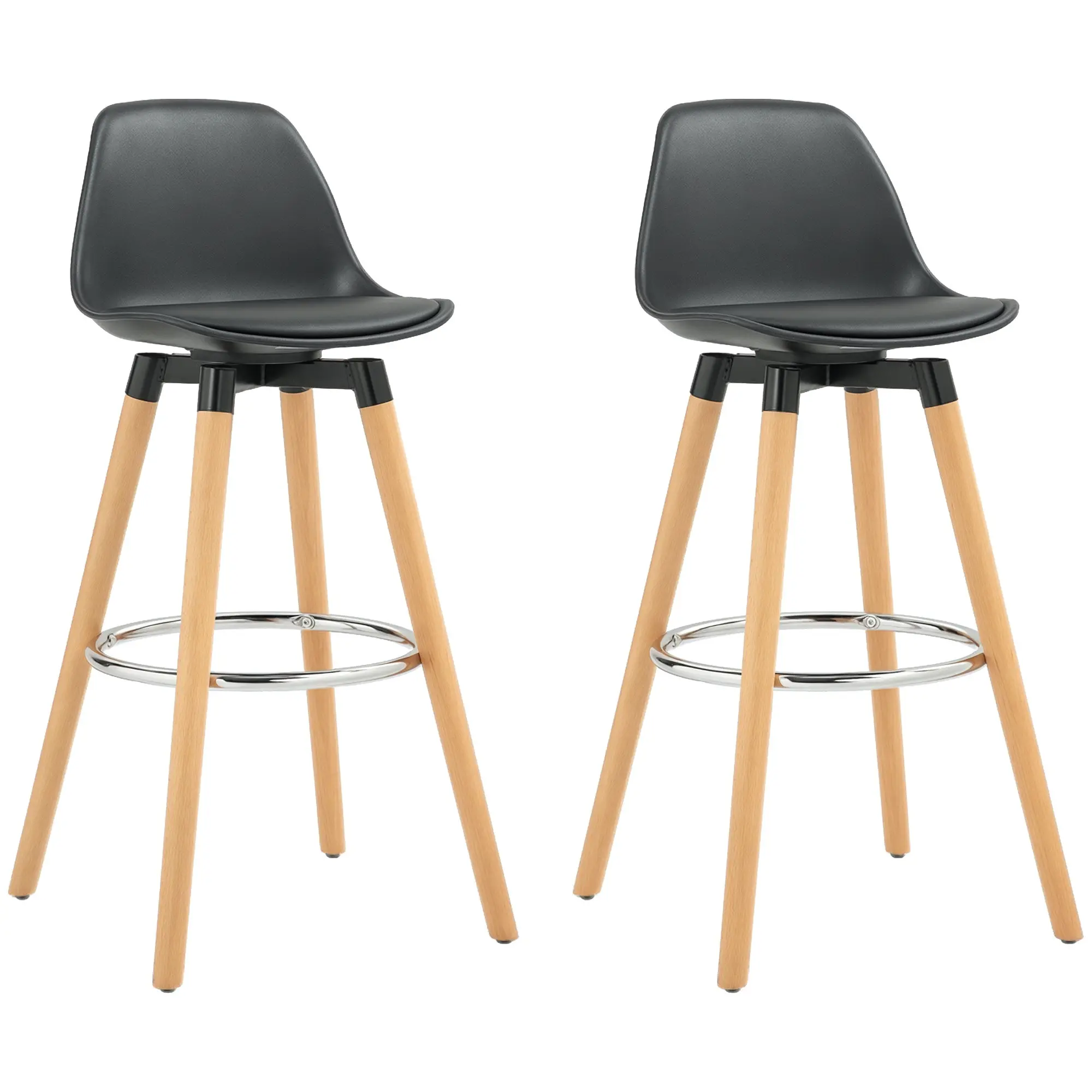 Set of 2 High Kitchen Stools Seat Height 69 cm Bar Stools High Chairs Upholstered in PU with Backrest Wooden Legs for Dining Room Black