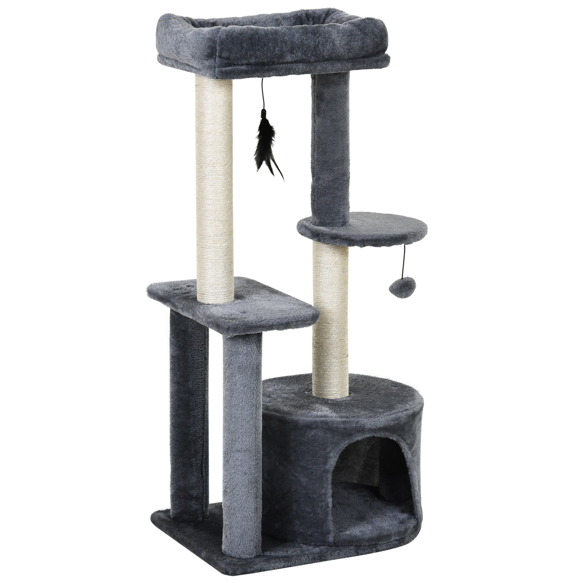 PawHut Katzenbaum mit natürlichen Sisal-Kratzpfosten, Kratzpads, Aktivitätszentrum, Versteck, Plattformen und 2 baumelnden Spielzeugen Grau