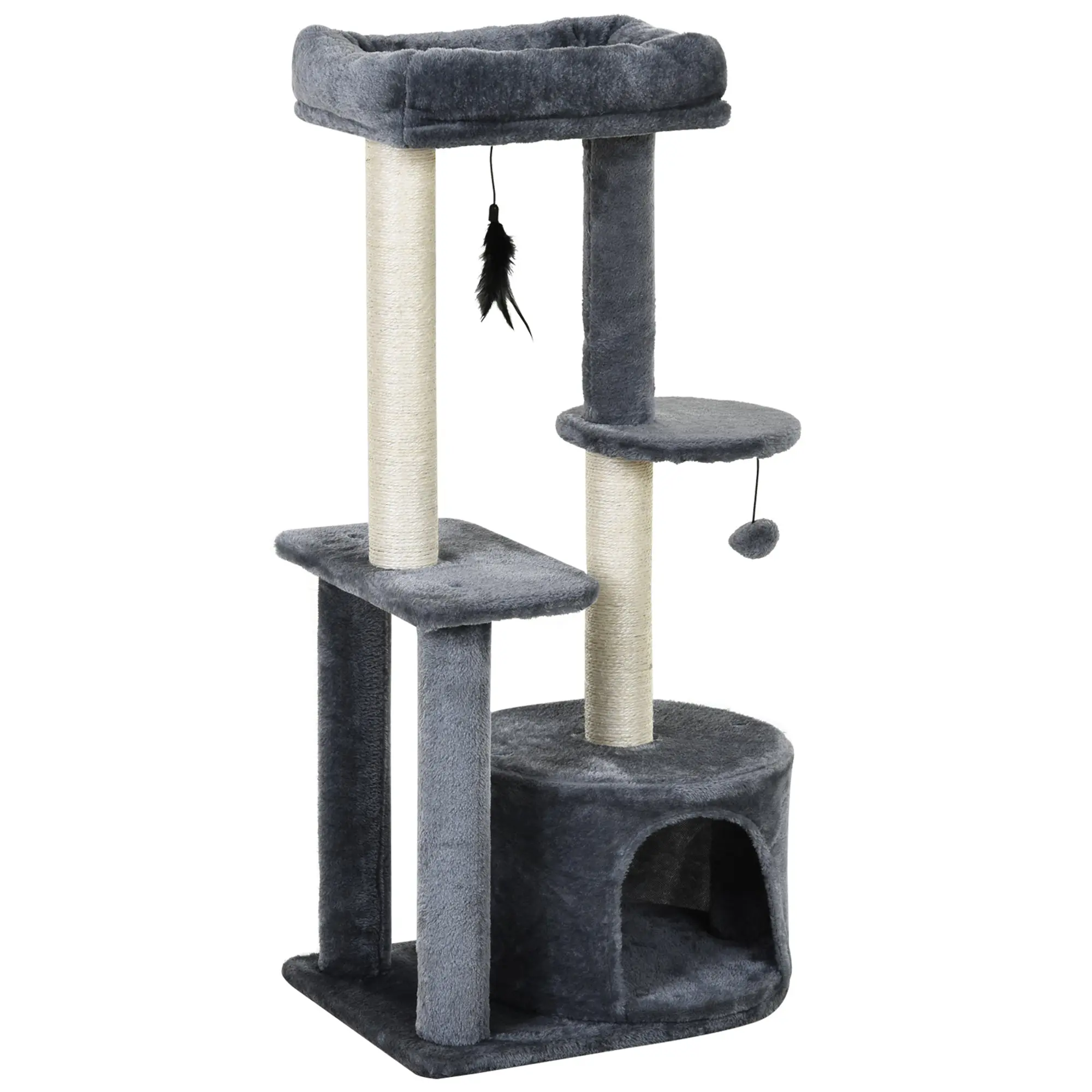 Cat Tree Tower with Sisal Scratching Posts, Multi-Level Cat Condo with Hideaway, Plush Perches, Platforms & Interactive Toys, Gray