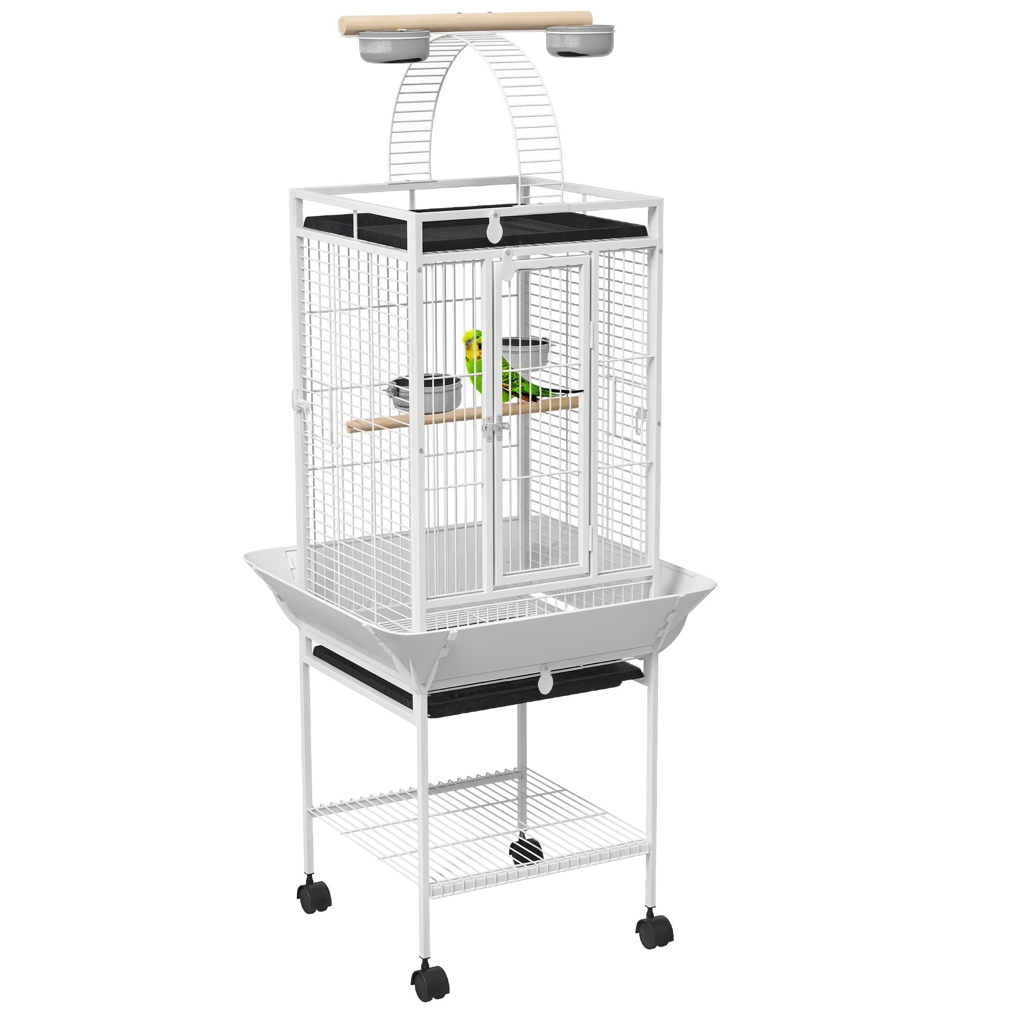 Cage à oiseaux PawHut avec roues, perchoirs, mangeoires, étagère, pont arqué et plateaux amovibles pour cacatoès, perruches et perroquets - 62,5x62,5x156 cm - Blanc
