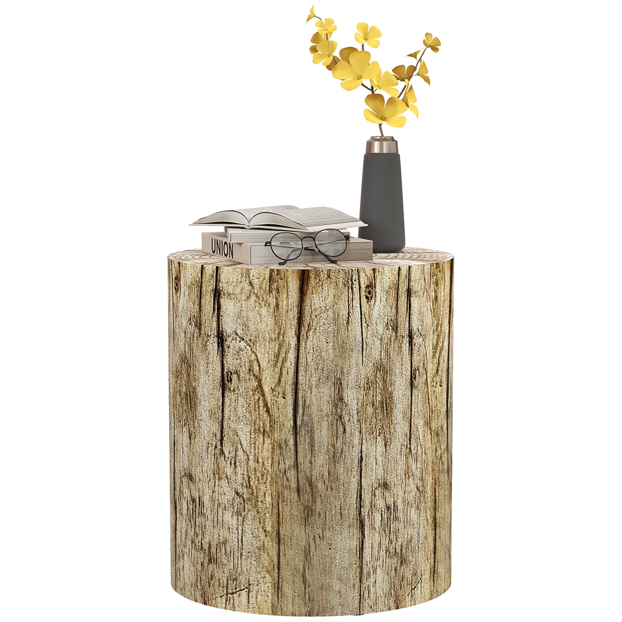 Side Table, Coffee Table in Tree Stump Design, Round Nightstand, Side Table for Living Room, Garden, Natural, ?37 x 43 cm
