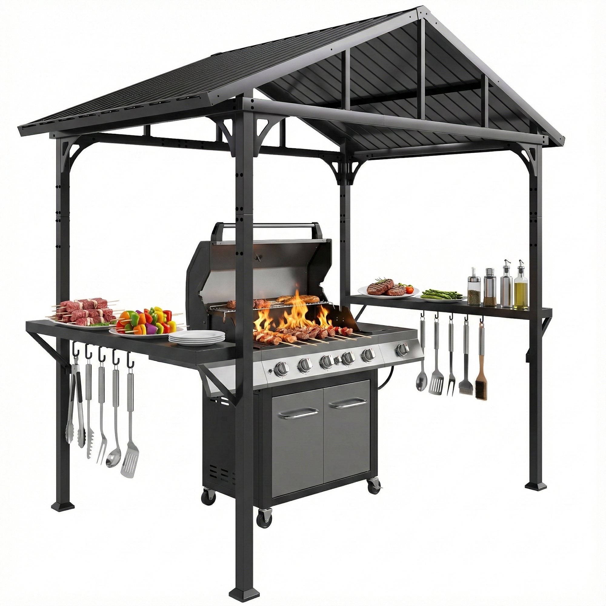 Outsunny Καταφύγιο BBQ με Σκληρή Οροφή 252 x 156 x 248 cm, Σκελετός Ατσαλιού, 2 Πλευρικά Ράφια & Κρεμάστρες — Μαύρο