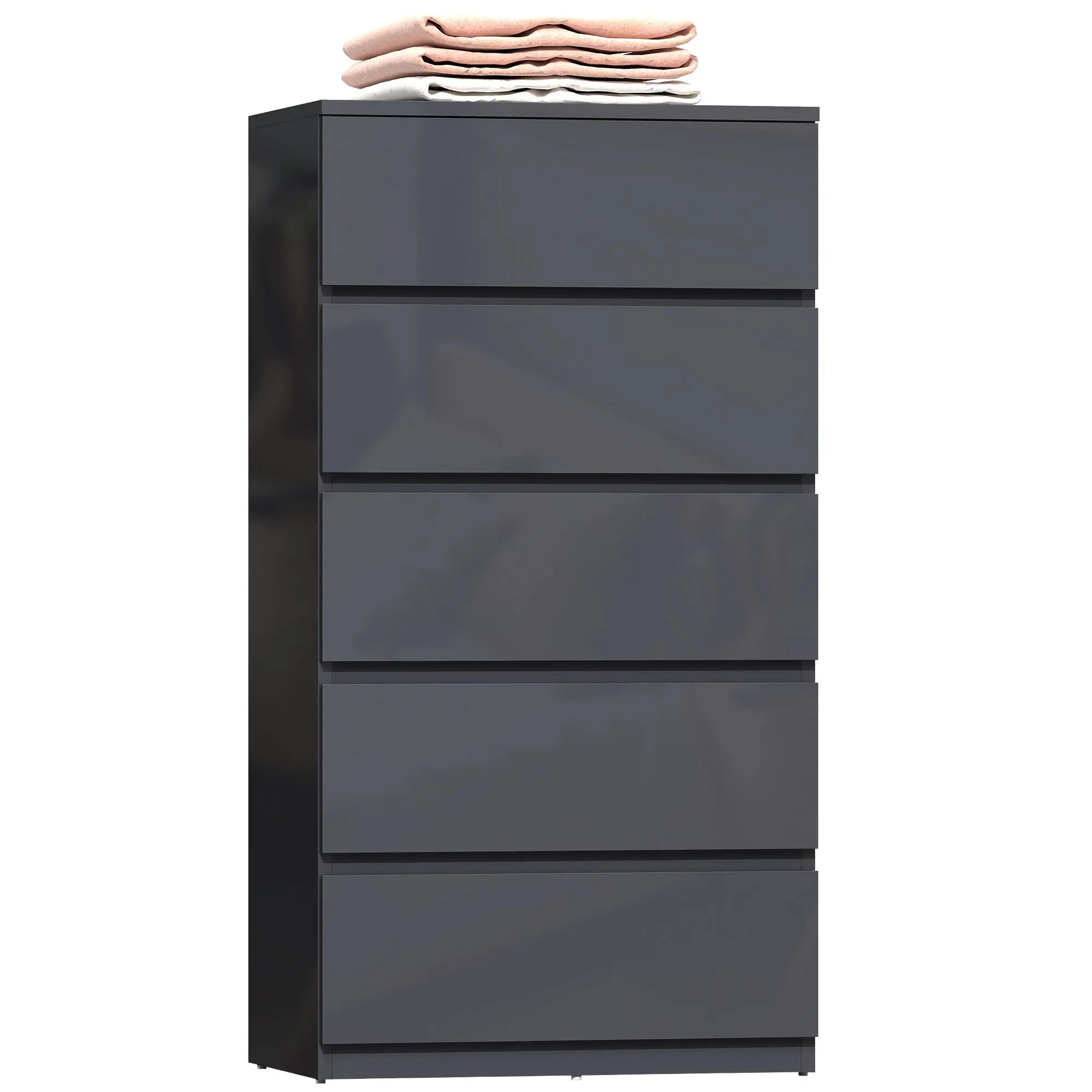 5-Drawer High-Gloss Dresser with Soft-Close Drawers, Handleless Modern Chest for Bedroom, Living Room or Hallway — 20.9 × 13.4 × 39.4 in (Gray)